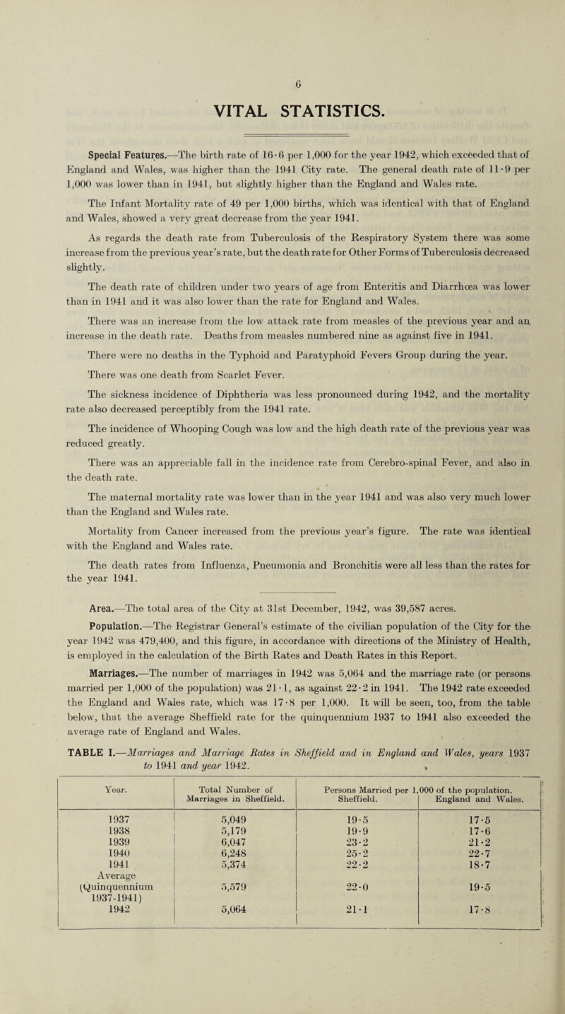 VITAL STATISTICS. Special Features.—The birth rate of 16-6 per 1,000 for the year 1942, which exceeded that of England and Wales, was higher than the 1941 City rate. The general death rate of 11-9 per 1,000 was lower than in 1941, but slightly higher than the England and Wales rate. The Infant Mortality rate of 49 per 1,000 births, which was identical with that of England and Wales, showed a very great decrease from the year 1941. As regards the death rate from Tuberculosis of the Respiratory System there was some increase from the previous year’s rate, but the death rate for Other Forms of Tuberculosis decreased slightly. The death rate of children under two years of age from Enteritis and Diarrhoea was lower than in 1941 and it was also lower than the rate for England and Wales. There was an increase from the low attack rate from measles of the previous year and an increase in the death rate. Deaths from measles numbered nine as against five in 1941. There were no deaths in the Typhoid and Paratyphoid Fevers Group during the year. There was one death from Scarlet Fever. The sickness incidence of Diphtheria was less pronounced during 1942, and the mortality rate also decreased perceptibly from the 1941 rate. The incidence of Whooping Cough was low and the high death rate of the previous year was reduced greatly. There was an appreciable fall in the incidence rate from Cerebro-spinal Fever, and also in the death rate. The maternal mortality rate was lower than in the year 1941 and was also very much lower than the England and Wales rate. Mortality from Cancer increased from the previous year’s figure. The rate was identical with the England and Wales rate. The death rates from Influenza, Pneumonia and Bronchitis were all less than the rates for the year 1941. Area.—The total area of the City at 31st December, 1942, was 39,587 acres. Population.—The Registrar General’s estimate of the civilian population of the City for the year 1942 was 479,400, and this figure, in accordance with directions of the Ministry of Health, is employed in the calculation of the Birth Rates and Death Rates in this Report. Marriages.—The number of marriages in 1942 was 5,064 and the marriage rate (or persons married per 1,000 of the population) was 21-1, as against 22-2 in 1941. The 1942 rate exceeded the England and Wales rate, which was 17-8 per 1,000. It will be seen, too, from the table below, that the average Sheffield rate for the quinquennium 1937 to 1941 also exceeded the average rate of England and Wales. TABLE I.—Marriages and Marriage Rates in Sheffield and in England and Wales, years 1937 to 1941 and year 1942. , Year. Total Number of Persons Married per 1,000 of the population. Marriages in Sheffield. Sheffield. England and Wales. 1937 5,049 19-5 17-5 1938 5,179 19-9 17-6 1939 6,047 23-2 21-2 1940 6,248 25-2 22-7 1941 5,374 22-2 18-7 Average (Quinquennium 5,579 22-0 19-5 1937-1941) 1942 5,064 21-1 17-8