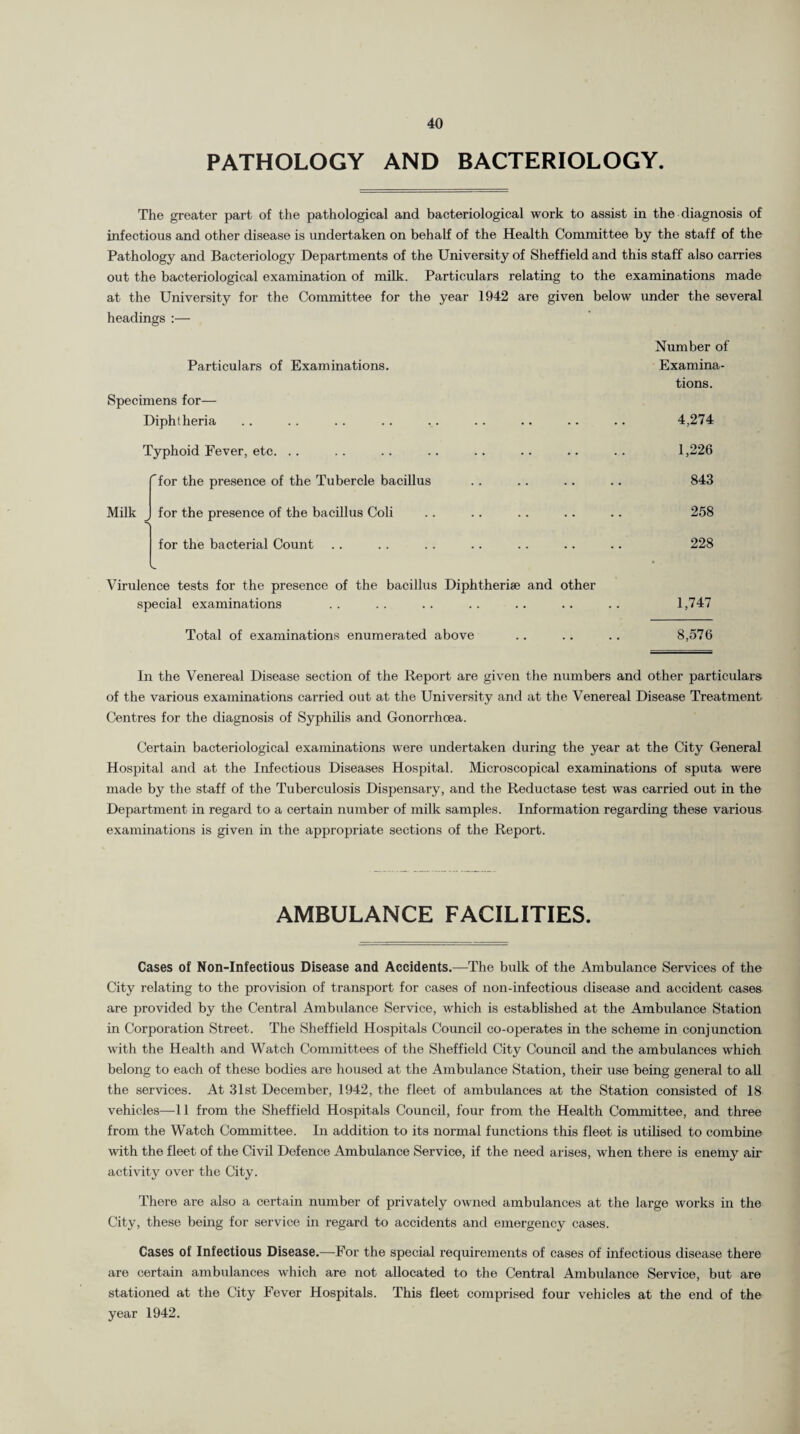 PATHOLOGY AND BACTERIOLOGY. The greater part of the pathological and bacteriological work to assist in the diagnosis of infectious and other disease is undertaken on behalf of the Health Committee by the staff of the Pathology and Bacteriology Departments of the University of Sheffield and this staff also carries out the bacteriological examination of milk. Particulars relating to the examinations made at the University for the Committee for the year 1942 are given below under the several headings :— Number of Particulars of Examinations. Examina¬ tions. Specimens for— Diphtheria . 4,274 Typhoid Fever, etc. .. . 1,226 for the presence of the Tubercle bacillus . 843 Milk ■> for the presence of the bacillus Coli . 258 for the bacterial Count . 228 Virulence tests for the presence of the bacillus Diphtheria and other special examinations .. .. .. .. .. .. .. 1,747 Total of examinations enumerated above .. . . .. 8,576 In the Venereal Disease section of the Report are given the numbers and other particulars of the various examinations carried out at the University and at the Venereal Disease Treatment Centres for the diagnosis of Syphilis and Gonorrhoea. Certain bacteriological examinations were undertaken during the year at the City General Hospital and at the Infectious Diseases Hospital. Microscopical examinations of sputa were made by the staff of the Tuberculosis Dispensary, and the Reductase test was carried out in the Department in regard to a certain number of milk samples. Information regarding these various examinations is given in the appropriate sections of the Report. AMBULANCE FACILITIES. Cases of Non-Infectious Disease and Accidents.—The bulk of the Ambulance Services of the City relating to the provision of transport for cases of non-infectious disease and accident cases are provided by the Central Ambulance Service, which is established at the Ambulance Station in Corporation Street. The Sheffield Hospitals Council co-operates in the scheme in conjunction with the Health and Watch Committees of the Sheffield City Council and the ambulances which belong to each of these bodies are housed at the Ambulance Station, their use being general to all the services. At 31st December, 1942, the fleet of ambulances at the Station consisted of 18 vehicles—11 from the Sheffield Hospitals Council, four from the Health Committee, and three from the Watch Committee. In addition to its normal functions this fleet is utilised to combine with the fleet of the Civil Defence Ambulance Service, if the need arises, when there is enemy air activity over the City. There are also a certain number of privately owned ambulances at the large works in the City, these being for service in regard to accidents and emergency cases. Cases of Infectious Disease.—For the special requirements of cases of infectious disease there are certain ambulances which are not allocated to the Central Ambulance Service, but are stationed at the City Fever Hospitals. This fleet comprised four vehicles at the end of the year 1942.