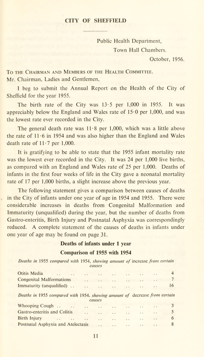 CITY OF SHEFFIELD Public Health Department, Town Hall Chambers. October, 1956. To THE Chairman and Members of the Health Committee. Mr. Chairman, Ladies and Gentlemen, 1 beg to submit the Annual Report on the Health of the City of Sheffield for the year 1955. The birth rate of the City was 13-5 per 1,000 in 1955. It was appreciably below the England and Wales rate of 15-0 per 1,000, and was the lowest rate ever recorded in the City. The general death rate was 11-8 per 1,000, which was a little above the rate of 11-6 in 1954 and was also higher than the England and Wales death rate of 11-7 per 1,000. It is gratifying to be able to state that the 1955 infant mortality rate was the lowest ever recorded in the City. It was 24 per 1,000 live births, as compared with an England and Wales rate of 25 per 1,000. Deaths of infants in the first four weeks of life in the City gave a neonatal mortality rate of 17 per 1,000 births, a slight increase above the previous year. The following statement gives a comparison between causes of deaths in the City of infants under one year of age in 1954 and 1955. There were considerable increases in deaths from Congenital Malformation and Immaturity (unqualified) during the year, but the number of deaths from Gastro-enteritis, Birth Injury and Postnatal Asphyxia was correspondingly reduced. A complete statement of the causes of deaths in infants under one year of age may be found on page 31. Deaths of infants under 1 year Comparison of 1955 with 1954 Deaths in 1955 compared with 1954, showing amount o/increase from certain causes Otitis Media .. .. .. .. .. .. .. 4 Congenital Malformations .. .. .. .. .. .. 7 Immaturity (unqualified) .. .. .. .. .. .. .. 16 Deaths in 1955 compared with 1954, showing amount of decrease from certain causes Whooping Cough . . .. .. .. .. .. .. .. 3 Gastro-enteritis and Colitis .. .. .. .. .. .. 5 Birth Injury .. .. .. .. .. .. .. .. 6 Postnatal Asphyxia and Atelectasis .. .. .. .. .. 8