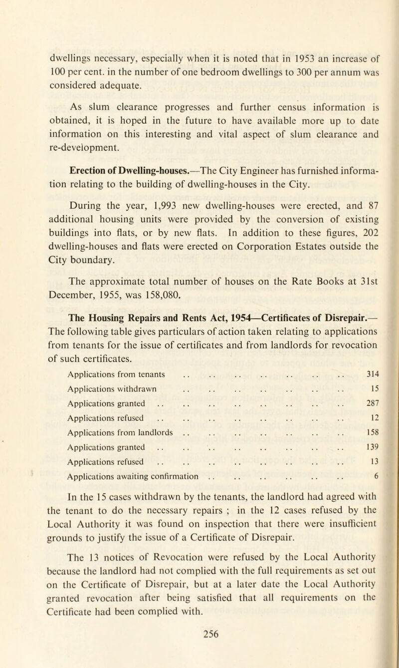 dwellings necessary, especially when it is noted that in 1953 an increase of 100 per cent, in the number of one bedroom dwellings to 300 per annum was considered adequate. As slum clearance progresses and further census information is obtained, it is hoped in the future to have available more up to date information on this interesting and vital aspect of slum clearance and re-development. Erection of Dwelling-houses.—The City Engineer has furnished informa¬ tion relating to the building of dwelling-houses in the City. During the year, 1,993 new dwelling-houses were erected, and 87 additional housing units were provided by the conversion of existing buildings into flats, or by new flats. In addition to these flgures, 202 dwelling-houses and flats were erected on Corporation Estates outside the City boundary. The approximate total number of houses on the Rate Books at 31st December, 1955, was 158,080. The Housing Repairs and Rents Act, 1954—Certificates of Disrepair.— The following table gives particulars of action taken relating to applications from tenants for the issue of certificates and from landlords for revocation of such certificates. Applications from tenants .. .. .. .. .. .. .. 314 Applications withdrawn .. .. .. .. .. .. .. 15 Applications granted .. .. .. .. .. .. .. .. 287 Applications refused .. .. .. .. .. .. .. .. 12 Applications from landlords .. .. .. .. .. .. .. 158 Applications granted .. .. .. .. .. .. .. .. 139 Applications refused .. .. .. .. .. .. .. .. 13 Applications awaiting confirmation .. .. .. .. .. .. 6 In the 15 cases withdrawn by the tenants, the landlord had agreed with the tenant to do the necessary repairs ; in the 12 cases refused by the Local Authority it was found on inspection that there were insufficient grounds to justify the issue of a Certificate of Disrepair. The 13 notices of Revocation were refused by the Local Authority because the landlord had not complied with the full requirements as set out on the Certificate of Disrepair, but at a later date the Local Authority granted revocation after being satisfied that all requirements on the Certificate had been complied with.