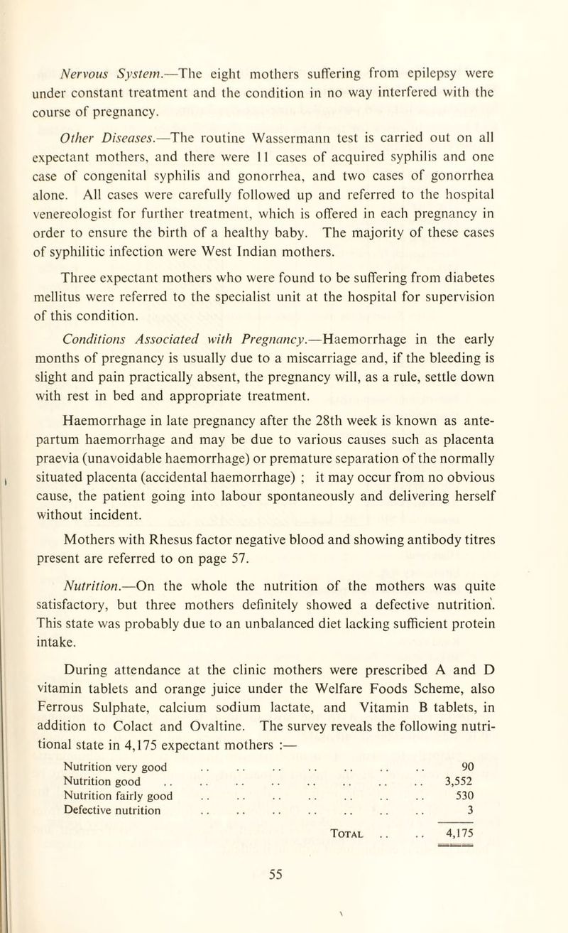 Nervous System.—The eight mothers suffering from epilepsy were under constant treatment and the condition in no way interfered with the course of pregnancy. Other Diseases.—The routine Wasserniann test is carried out on all expectant mothers, and there were 11 cases of acquired syphilis and one case of congenital syphilis and gonorrhea, and two cases of gonorrhea alone. All cases were carefully followed up and referred to the hospital venereologist for further treatment, which is offered in each pregnancy in order to ensure the birth of a healthy baby. The majority of these cases of syphilitic infection were West Indian mothers. Three expectant mothers who were found to be suffering from diabetes mellitus were referred to the specialist unit at the hospital for supervision of this condition. Conditions Associated with Pregnancy.—Haemorrhage in the early months of pregnancy is usually due to a miscarriage and, if the bleeding is slight and pain practically absent, the pregnancy will, as a rule, settle down with rest in bed and appropriate treatment. Haemorrhage in late pregnancy after the 28th week is known as ante¬ partum haemorrhage and may be due to various causes such as placenta praevia (unavoidable haemorrhage) or premature separation of the normally situated placenta (accidental haemorrhage) ; it may occur from no obvious cause, the patient going into labour spontaneously and delivering herself without incident. Mothers with Rhesus factor negative blood and showing antibody titres present are referred to on page 57. Nutrition.—On the whole the nutrition of the mothers was quite satisfactory, but three mothers definitely showed a defective nutrition. This state was probably due to an unbalanced diet lacking sufficient protein intake. During attendance at the clinic mothers were prescribed A and D vitamin tablets and orange juice under the Welfare Foods Scheme, also Ferrous Sulphate, calcium sodium lactate, and Vitamin B tablets, in addition to Colact and Ovaltine. The survey reveals the following nutri¬ tional state in 4,175 expectant mothers :— Nutrition very good .. .. .. .. .. .. .. 90 Nutrition good .. .. .. .. .. .. .. .. 3,552 Nutrition fairly good .. .. .. .. .. .. .. 530 Defective nutrition . 3 Total .. .. 4,175 \
