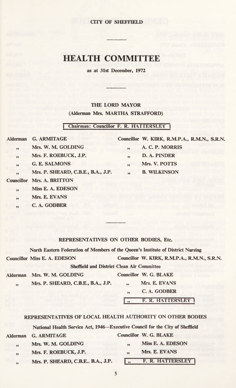 CITY OF SHEFFIELD HEALTH COMMITTEE as at 31st December, 1972 THE LORD MAYOR (Alderman Mrs. MARTHA STRAFFORD) | Chairman: Councillor F. R. HATTERSLEY ) Alderman G. ARMITAGE „ Mrs. W. M. GOLDING „ Mrs. F. ROEBUCK, J.P. „ G. E. SALMONS „ Mrs. P. SHEARD, C.B.E., B.A., J.P. Councillor Mrs. A. BRITTON „ Miss E. A. EDESON „ Mrs. E. EVANS „ C. A. GODBER Councillor W. KIRK, R.M.P.A., R.M.N., S.R.N. „ A. C. P. MORRIS „ D. A. PINDER „ Mrs. V. POTTS „ B. WILKINSON REPRESENTATIVES ON OTHER BODIES, Etc. North Eastern Federation of Members of the Queen’s Institute of District Nursing Councillor Miss E. A. EDESON Councillor W. KIRK, R.M.P.A., R.M.N., S.R.N. Sheffield and District Clean Air Committee Alderman Mrs. W. M. GOLDING Councillor W. G. BLAKE „ Mrs. P. SHEARD, C.B.E., B.A., J.P. „ Mrs. E. EVANS ,, C. A. GODBER \ „ F. R. H4TTERSLEY I REPRESENTATIVES OF LOCAL HEALTH AUTHORITY ON OTHER BODIES National Health Service Act, 1946—Executive Council for the City of Sheffield Alderman G. ARMITAGE Councillor W. G. BLAKE „ Mrs. W. M. GOLDING „ Miss E. A. EDESON „ Mrs. F. ROEBUCK, J.P. „ Mrs. E. EVANS „ Mrs. P. SHEARD, C.B.E., B.A., J.P. |„ F. R. HATTERSLEY~~|