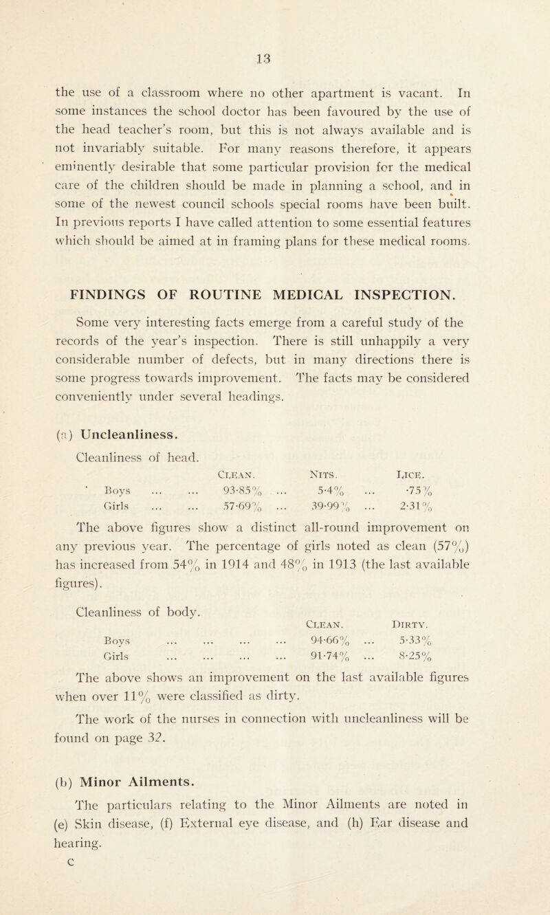 the use of a classroom where no other apartment is vacant. In some instances the school doctor has been favoured by the use of the head teacher’s room, but this is not always available and is not invariably suitable. For many reasons therefore, it appears eminently desirable that some particular provision for the medical care of the children should be made in planning a school, and in some of the newest council schools special rooms have been built. In previous reports I have called attention to some essential features which should be aimed at in framing plans for these medical rooms. FINDINGS OF ROUTINE MEDICAL INSPECTION. Some very interesting facts emerge from a careful study of the records of the year’s inspection. There is still unhappily a very considerable number of defects, but in many directions there is some progress towards improvement. The facts may be considered conveniently under several headings. (a) Uncleanliness. Cleanliness of head. Cm an. Nits. ‘ Boys . 93-85% ... 5-4% Girls . 57-69 % ... 39-99% The above figures show a distinct all-round improvement on any previous year. The percentage of girls noted as clean (57%) has increased from 54% in 1914 and 48% in 1913 (the last available figures). Cleanliness of body. Cm an. Dirty. Boys ... ... ... ••• 94-66% ... 5-33% Girls . 91-74% ... 8-25% The above shows an improvement on the last available figures when over 11% were classified as dirty. The wrork of the nurses in connection with uncleanliness will be found on page 32. (b) Minor Ailments. The particulars relating to the Minor Ailments are noted in (e) Skin disease, (f) External eye disease, and (h) Ear disease and hearing. C Dick. • 7S v 2-31%