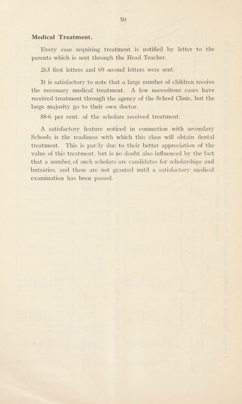 Medical Treatment. Every case requiring treatment is notified by letter to the parents which is sent through the Head Teacher. 263 first letters and 69 second letters were sent. It is satisfactory to note that a large number of children receive the necessary medical treatment. A few necessitous cases have received treatment through the agency of the School Clinic, but the large majority go to their own doctor. 88*6 per cent, of the scholars received treatment. A satisfactory feature noticed in connection with secondary Schools is the readiness with which this class will obtain dental treatment. This is partly due to their better appreciation of the value of this treatment, but is no doubt also influenced by the fact that a number of such scholars are candidates for scholarships and bursaries, and these are not granted until a satisfactory medical examination has been passed.
