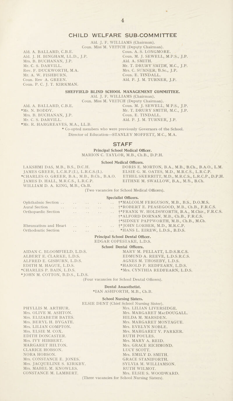 CHILD WELFARE SUB-COMMITTEE Aid. J. F. WILLIAMS (Chairman). Coun. Miss M. VEITCH (Deputy Chairman). Aid. A. BALLARD, C.B.E. Aid. J. H. BINGHAM, LL.D., J.P. Mrs. B. BUCHANAN, J.P. Mr. C. S. DARV1LL. Rev. F. DUCKWORTH, M.A. Coun. A. S. LONGMORE. Coun. M. J. SEWELL, M P.S., J.P. Aid. A. SMITH. Mr. T. DRURY SMITH, M.C., J.P. Mrs. C. SUMNER, B.Sc., J.P. Mr. A. W. FISHBURN. Coun. E. TINDALL. Coun. Rev A. GREEN. Aid. P. J. M. TURNER, J.P. Coun. P. C. J. T. KIRKMAN. SHEFFIELD BLIND SCHOOL MANAGEMENT COMMITTEE. Aid. J. F. WILLIAMS (Chairman). Coun. Miss M. VEITCH (Deputy Chairman). Aid. A. BALLARD, C.B.E. Coun. M. J. SEWELL, M P.S., J.P. *Mr. N. BODDY. Mr. T. DRURY SMITH, M.C., J.P. Mrs. B. BUCHANAN, J.P. Coun. E. TINDALL. Mr. C. S. DARVILL. Aid. P. J. M. TURNER, J.P. ♦Mr. R. HARGREAVES, M.A., LL.B, * Co-opted members who were previously Governors of the School. Director of Education—STANLEY MOFFETT, M.C., M.A. STAFF Principal School Medical Officer. MARION C. TAYLOR, M.B., Ch.B., D.P.H. School Medical Officers. LAKSHMI DAS, M.B., B.S., D.C.H. DORIS E. MORTON, B.A., M.B., B.Ch., B.A.O., L.M, JAMES GREER, L.C.R.P.(L), L.R.C.S.(L). ELSIE G. M. OATES, M.D., M.R.C.S., L.R C.P. ♦CHARLES O. GREER, B.A., M.B., B.Ch., B.A.O. ETHEL SKERRITT, M.D., M.R.C.S., L.R.C.P., D.P.H. JAMES D. HALL, M.R.C.S., L.R.C.P. EITHNE M. SWALLOW, B.A., M.B., B.Ch. WILLIAM D. A. KING, M.B., Ch.B. (Two vacancies for School Medical Officers). Ophthalmic Section . . Aural Section Orthopaedic Section Rheumatism and Heart Orthodontic Section Specialist Officers. . . t*MALCOLM FERGUSON, M.B., B.S., D.O.M.S. . . f *ROBERT E. PEASEGOOD, M.B., Ch.B., F.R.C.S. . . J*FRANK W. HOLDSWORTH, B.A., M.Chir., F.R.C.S. f*ALFORD DORNAN, M.B., Ch.B., F.R.C.S. |*SIDNEY PAPPWORTH, M.B., Ch.B., M.Ch. . . f * JOHN LORBER, M.D., M.R.C.P. ♦HANS L. EIREW, L.D.S., B.D.S. Principal School Dental Officer. EDGAR COPESTAKE, L.D.S. School Dental Officers. AIDAN C. BLOOMFIELD, L.D.S. ALBERT E. CLARKE, L.D.S. ALFRED E. GISBURN, L.D.S. EDITH M. HAGUE, L.D.S. ♦CHARLES P. BAIN, L.D.S. ♦JOHN M. COTTON, B.D.S., L.D.S. MARY M. PELLATT, L.D.S.R.C.S. EDMUND A. REEVE, L.D.S.R.C.S. AGNES M. THOSEBY, L.D.S. ♦HAROLD P. REDFEARN, L.D.S. ♦Mrs. CYNTHIA REDFEARN, L.D.S (Four vacancies for School Dental Officers). Dental Anaesthetist. ♦IAN ASHFORTH, M.B., Ch.B. School Nursing Sisters. ELSIE DENT (Chief School Nursing Sister). PHYLLIS M. ARTHUR. Mrs. OLIVE M. ASHTON. Mrs. ELIZABETH BATES. Mrs. BERYL H. BYGATE. Mrs. LILIAN COMPTON. Mrs. ELSIE M. COX. EDITH DONCASTER. Mrs. IVY HIBBERT. MARGARET HILTON. CLARICE HOBSON. NORA HOBSON. Mrs. CONSTANCE E. JONES. Mrs. JACQUELINE S. KIRKBY. Mrs. MABEL M. KNOWLES. CONSTANCE M. LAMBERT. Mrs. LILIAN LIVER5IDGE. Mrs. MARGARET MacDOUGALL HILDA M. MARSDEN. Mrs. MARGARET MONTAGUE. Mrs. EVELYN NOBLE. Mrs. MARGARET V. PARKER. RUTH POULES. Mrs. MARY A. REID. Mrs. GRACE RICHMOND. LUCY SCOTT. Mrs. EMILY D. SMITH. GRACE STANIFORTH. SYLVIA M. WILLIAMSON. RUTH WILMOT. Mrs. ELSIE S. WOODWARD. (Three vacancies for School Nursing Sisters).