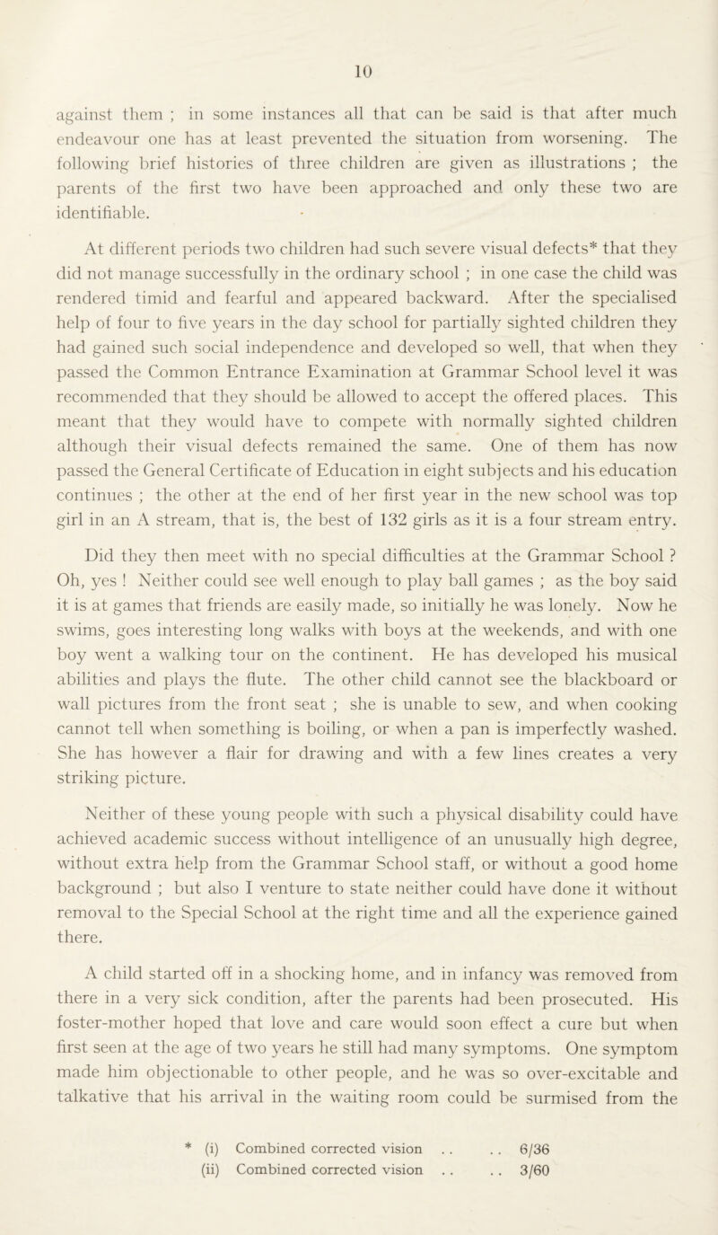 against them ; in some instances all that can be said is that after much endeavour one has at least prevented the situation from worsening. The following brief histories of three children are given as illustrations ; the parents of the first two have been approached and only these two are identifiable. At different periods two children had such severe visual defects* that they did not manage successfully in the ordinary school ; in one case the child was rendered timid and fearful and appeared backward. After the specialised help of four to five years in the day school for partially sighted children they had gained such social independence and developed so well, that when they passed the Common Entrance Examination at Grammar School level it was recommended that they should be allowed to accept the offered places. This meant that they would have to compete with normally sighted children although their visual defects remained the same. One of them has now passed the General Certificate of Education in eight subjects and his education continues ; the other at the end of her first year in the new school was top girl in an A stream, that is, the best of 132 girls as it is a four stream entry. Did they then meet with no special difficulties at the Grammar School ? Oh, yes ! Neither could see well enough to play ball games ; as the boy said it is at games that friends are easily made, so initially he was lonely. Now he swims, goes interesting long walks with boys at the weekends, and with one boy went a walking tour on the continent. He has developed his musical abilities and plays the flute. The other child cannot see the blackboard or wall pictures from the front seat ; she is unable to sew, and when cooking cannot tell when something is boiling, or when a pan is imperfectly washed. She has however a flair for drawing and with a few lines creates a very striking picture. Neither of these young people with such a physical disability could have achieved academic success without intelligence of an unusually high degree, without extra help from the Grammar School staff, or without a good home background ; but also I venture to state neither could have done it without removal to the Special School at the right time and all the experience gained there. A child started off in a shocking home, and in infancy was removed from there in a very sick condition, after the parents had been prosecuted. His foster-mother hoped that love and care would soon effect a cure but when first seen at the age of two years he still had many symptoms. One symptom made him objectionable to other people, and he was so over-excitable and talkative that his arrival in the waiting room could be surmised from the * (i) Combined corrected vision (ii) Combined corrected vision 6/36 3/60