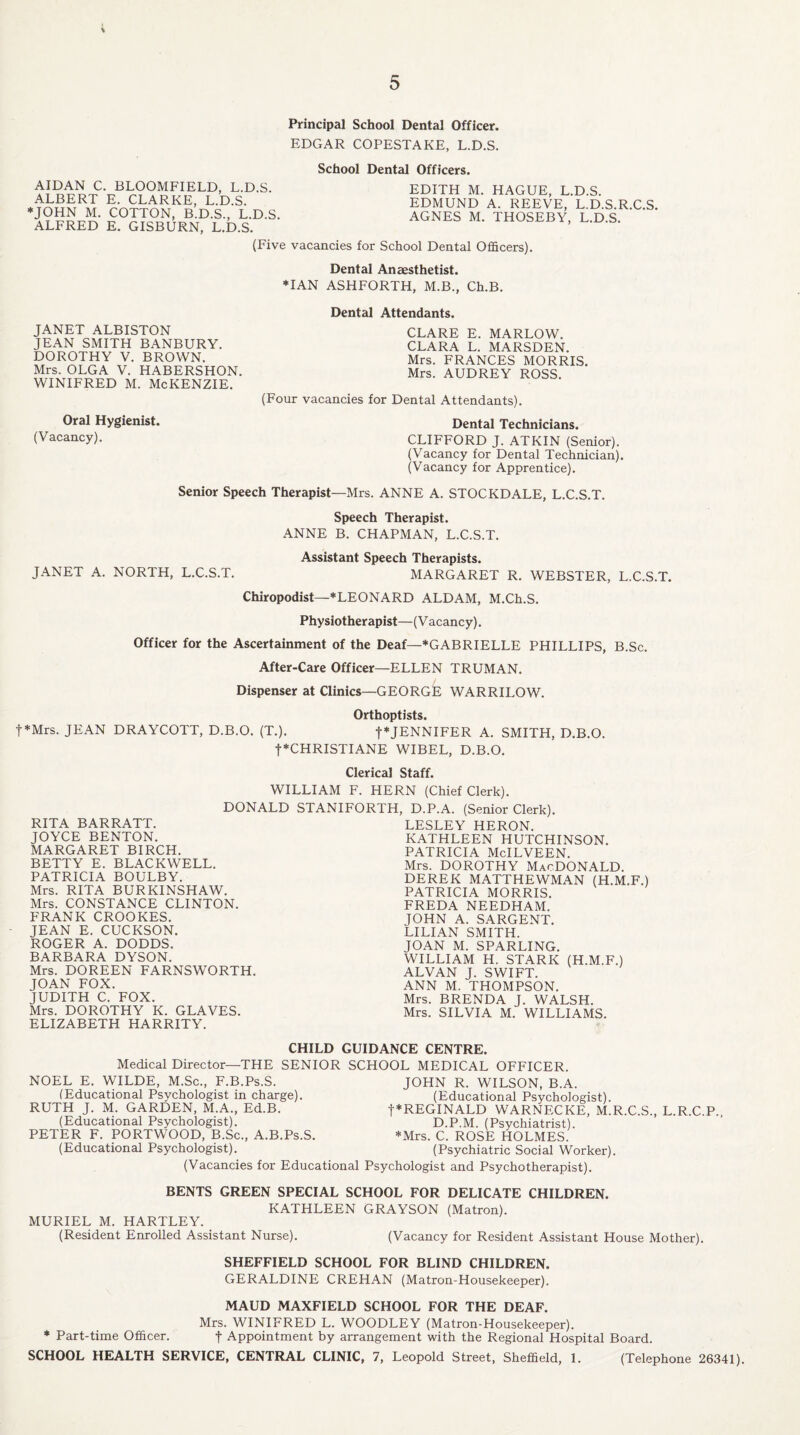 Principal School Dental Officer. EDGAR COPESTAKE, L.D.S. School Dental Officers. AIDAN C. BLOOMFIELD, L.D.S. ALBERT E. CLARKE, L.D.S. *JOHN M. COTTON, B.D.S., L.D.S. ALFRED E. GISBURN, L.D.S. (Five vacancies EDITH M. HAGUE, L.D.S. EDMUND A. REEVE, L.D.S.R.C.S. AGNES M. THOSEBY, L.D.S. for School Dental Officers). Dental Anaesthetist. *IAN ASHFORTH, M.B., Ch.B. JANET ALBISTON JEAN SMITH BANBURY. DOROTHY V. BROWN. Mrs. OLGA V. HABERSHON. WINIFRED M. McKENZIE. Oral Hygienist. (Vacancy). Dental Attendants. CLARE E. MARLOW. CLARA L. MARSDEN. Mrs. FRANCES MORRIS. Mrs. AUDREY ROSS. (Four vacancies for Dental Attendants). Dental Technicians. CLIFFORD J. ATKIN (Senior). (Vacancy for Dental Technician). (Vacancy for Apprentice). Senior Speech Therapist—Mrs. ANNE A. STOCKDALE, L.C.S.T. Speech Therapist. ANNE B. CHAPMAN, L.C.S.T. Assistant Speech Therapists. JANET A. NORTH, L.C.S.T. MARGARET R. WEBSTER, L.C.S.T. Chiropodist—*LEONARD ALDAM, M.Ch.S. Physiotherapist—(Vacancy). Officer for the Ascertainment of the Deaf—*GABRIELLE PHILLIPS, B.Sc. After-Care Officer—ELLEN TRUMAN. Dispenser at Clinics—GEORGE WARRILOW. Orthoptists. t*Mrs. JEAN DRAYCOTT, D.B.O. (T.). t*JENNIFER A. SMITH, D.B.O. f*CHRISTIANE WIBEL, D.B.O. Clerical Staff. WILLIAM F. HERN (Chief Clerk). DONALD STANIFORTH, D.P.A. (Senior Clerk). RITA BARRATT. JOYCE BENTON. MARGARET BIRCH. BETTY E. BLACKWELL. PATRICIA BOULBY. Mrs. RITA BURKINSHAW. Mrs. CONSTANCE CLINTON. FRANK CROOKES. JEAN E. CUCKSON. ROGER A. DODDS. BARBARA DYSON. Mrs. DOREEN FARNSWORTH. JOAN FOX. JUDITH C. FOX. Mrs. DOROTHY K. GLAVES. ELIZABETH HARRITY. LESLEY HERON. KATHLEEN HUTCHINSON. PATRICIA McILVEEN. Mrs. DOROTHY MaoDONALD. DEREK MATTHEWMAN (H.M.F.) PATRICIA MORRIS. FREDA NEEDHAM. TOHN A. SARGENT. LILIAN SMITH. JOAN M. SPARLING. WILLIAM H. STARK (H.M.F.) ALVAN J. SWIFT. ANN M. THOMPSON. Mrs. BRENDA J. WALSH. Mrs. SILVIA M. WILLIAMS. Medical Director- CHILD GUIDANCE CENTRE. -THE SENIOR SCHOOL MEDICAL OFFICER. NOEL E. WILDE, M.Sc., F.B.Ps.S. (Educational Psychologist in charge). RUTH J. M. GARDEN, M.A., Ed.B. (Educational Psychologist). PETER F. PORTWOOD, B.Sc., A.B.Ps.S. (Educational Psychologist). JOHN R. WILSON, B.A. (Educational Psychologist). f*REGINALD WARNECKE, M.R.C.S., L.R.C.P. D.P.M. (Psychiatrist). *Mrs. C. ROSE HOLMES. (Psychiatric Social Worker). (Vacancies for Educational Psychologist and Psychotherapist). BENTS GREEN SPECIAL SCHOOL FOR DELICATE CHILDREN. KATHLEEN GRAYSON (Matron). MURIEL M. HARTLEY. (Resident Enrolled Assistant Nurse). (Vacancy for Resident Assistant House Mother). SHEFFIELD SCHOOL FOR BLIND CHILDREN. GERALDINE CREHAN (Matron-Housekeeper). MAUD MAXFIELD SCHOOL FOR THE DEAF. Mrs. WINIFRED L. WOODLEY (Matron-Housekeeper). * Part-time Officer. f Appointment by arrangement with the Regional Hospital Board. SCHOOL HEALTH SERVICE, CENTRAL CLINIC, 7, Leopold Street, Sheffield, 1. (Telephone 26341).