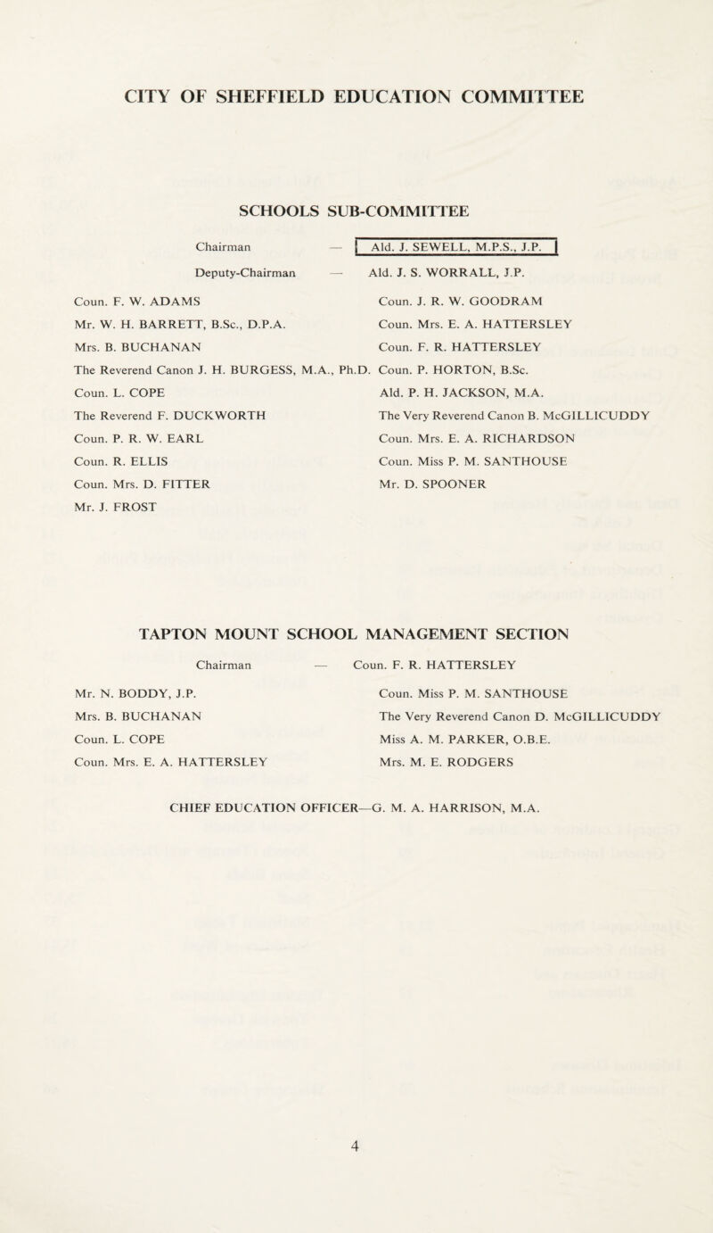 SCHOOLS SUBCOMMITTEE Chairman — [ Aid. J. SEWELL, M.P.S., J.P. | Deputy-Chairman Aid. J. S. WORRALL, J.P. Coun. F. W. ADAMS Coun. J. R. W. GOODRAM Mr. W. H. BARRETT, B.Sc., D.P.A. Coun. Mrs. E. A. HATTERSLEY Mrs. B. BUCHANAN Coun. F. R. HATTERSLEY The Reverend Canon J. H. BURGESS, M.A., Ph.D. Coun. P. HORTON, B.Sc. Coun. L. COPE Aid. P. H. JACKSON, M.A. The Reverend F. DUCKWORTH The Very Reverend Canon B. McGILLICUDDY Coun. P. R. W. EARL Coun. Mrs. E. A. RICHARDSON Coun. R. ELLIS Coun. Miss P. M. SANTHOUSE Coun. Mrs. D. FITTER Mr. D. SPOONER Mr. J. FROST TAPTON MOUNT SCHOOL MANAGEMENT SECTION Chairman Coun. F. R. HATTERSLEY Mr. N. BODDY, J.P. Coun. Miss P. M. SANTHOUSE Mrs. B. BUCHANAN The Very Reverend Canon D. McGILLICUDDY Coun. L. COPE Miss A. M. PARKER, O.B.E. Coun. Mrs. E. A. HATTERSLEY Mrs. M. E. RODGERS CHIEF EDUCATION OFFICER—G. M. A. HARRISON, M.A.