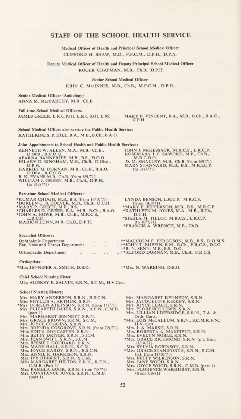 STAFF OF THE SCHOOL HEALTH SERVICE Medical Officer of Health and Principal School Medical Officer CLIFFORD H. SHAW, M.D., F.F.C.M., D.P.H., D.P.A. Deputy Medical Officer of Health and Deputy Principal School Medical Officer ROGER CHAPMAN, M.B., Ch.B., D.P.H. Senior School Medical Officer JOHN C. MacINNES, M.B., Ch.B., M.F.C.M., D.P.H. Senior Medical Officer (Audiology) ANNA M. MacCARTHY, M.B., Ch.B. Full-time School Medical Officers:— JAMES GREER, L.R.C.P.(l), L.R.C.S.(l), L.M. MARY B. VINCENT, B.A., M.B., B.Ch , B.A.O., C.P.H. School Medical Officer also serving the Public Health Service: KATHERINE S. P. HILL, B.A., M.B., B.Ch., B.A.O. Joint Appointments to School Health and Public Health Services: KENNETH W. ALLEN, M.A., M.B., Ch.B., D.Obst., R.C.O.G. APARNA BANNERJEE, M.B., B.S., D.G.O. HILARY D. BINGHAM, M.B., Ch.B., D.Obst., D.P.H. HARRIET G. DORNAN, M.B., Ch.B., B.A.O., D.Obst., R.C.O.G. B. K. EVANS M.B., Ch.B. (from 6/9/71) WILLIAM J. GREEN, M.B., Ch.B., D.P.H., (to 31/8/71) Part-time School Medical Officers: ♦KUMAR CHUGH, M.B., B.S. (from 18/10/71) ♦DOREEN C. B. COLVER, M.B., Ch.B., D.C.H. ♦MARY P. GRECH, M.B., B.S. ♦CHARLES O. GREER, B.A., M.B., B.Ch., B.A.O. ♦JOHN A. HOWE, M.B., Ch.B., M.R.C.S., L R C P MARION LUNN, M.B., Ch.B., D.P.H. JOHN J. McKESSACK, M.R.C.S., L.R.C.P. ROSEMARY J. E. SAWORD, M.B., Ch.B., M.R.C.O.G. D. M. SMALLEY, M.B., Ch.B. (from 6/9/71) MARY STANNARD, M.B., B.S., M.R.I.C.P. (to 31/7/71) LYNDA BENSON, L.R.C.P., M.R.C.S. (from 14/9/71) ♦MARY E. JEFFERSON, M.B., B.S., M.R.C.P. ♦KATHLEEN M. JONES, M.A., M.B., B.Ch., D.C.H. ♦SHEILA M. TILLOT, M.R.C.S., L.R.C.P. (to 10/7/71) ♦FRANCIS A. WRENCH, M.B., Ch.B. Specialist Officers: Ophthalmic Department... Ear, Nose and Throat Department Orthopaedic Department ...t*MALCOLM F. FERGUSON, M.B., B.S., D.O.M.S. ...t^JOHN T. BUFFIN, B.M., B.Ch., F.R.C.S., D.I.O. t^R. N. SENN, M.B.,B.S.,D.O. ...t*ALFORD DORNAN, M.B., Ch.B., F.R.C.S. Orthoptists: ♦Miss JENNIFER A. SMITH, D.B.O. t*Mrs. N. WAREING, D.B.O. Chief School Nursing Sister Miss AUDREY E. SALVIN, S.R.N., S.C.M., H.V.Cert. School Nursing Sisters: Mrs. MARY ANDERSON, S.R.N., R.S.C.N. Miss PHYLLIS A. ARTHUR, S.R.N. ♦Mrs. DOREEN ATKINSON, S.R.N. (from 1/1/71) Mrs. ELIZABETH BATES, S.R.N., R.F.N., C.M.B. (part 1) Mrs. MARGARET BENNETT, S.R.N. Mrs. GRACE BROWN, S.R.N., S.C.M. Mrs. JOYCE COGGINS, S.R.N. Mrs. BRENDA COSGROVE, S.R.N. (from 7/9/71) Miss EDITH DONCASTER, S.R.N. Miss BETTY DRIVER, S.R.N., S.C.M. Mrs. JEAN SWIFT, S.R.N., S.C.M. Mrs. BESSIE J. GODDARD, S.R.N. Mrs. MARY HALL, S.R.N., S.C.M. Mrs. JOYCE HARDY, S.R.N., R.S.C.N. Mrs. ANNIE R. HARRISON, S.R.N. Mrs. IVY HIBBERT, S.R.N., S.C.M. Miss MARGARET HILTON, S.R.N., R.F.N., C.M.B. (Part 1) Mrs. PAMELA HOOK, S.R.N. (from 7/9/71) Mrs. CONSTANCE JONES, S.R.N., C.M.B. (part 1) Mrs. MARGARET KENNEDY, S.R.N. Mrs. JACQUELINE KIRKBY, S.R.N. Mrs. JOYCE LEACH, S.R.N. Mrs. FLORENCE LEWIS, S.R.N. Mrs. LILLIAN LIVERSIDGE, S.R.N., T.A. & Orth. Certs. ♦Mrs. LOIS McCALLUM, S.R.N., S.C.M.R.F.N., H.V. Cert. Mrs. J. A. MARSH, S.R.N. Mrs. ROBERTA A. MAXFIELD, S.R.N. Mrs. EVELYN NOBLE, S.R.N. ♦Mrs. GRACE RICHMOND, S.R.N (p.t. from 11/10/71) Mrs. SYLVIA ROBINSON, S.R.N. ♦Miss GRACE STANIFORTH, S.R.N., S.C.M., (p.t. from 11/10/71) Mrs. BETTY WILKINSON, S.R.N. Mrs. JANE WOOD, S.R.N. Mrs. JOYCE WOOD, S.R.N., C.M.B. (part 1) Mrs. FLORENCE WARHURST, S.R.N. (from 7/9/71)