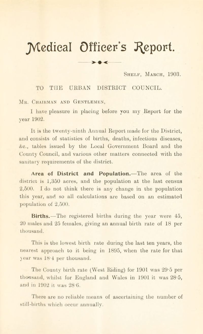 JVCedieal Officer’s Report. » • < Shelf, March, 1903. TO THE URBAN DISTRICT COUNCIL. Mr. Chairman and Gentlemen, I have pleasure in placing before you my Report for the year 1902. It is the twenty-ninth Annual Report made for the District, and consists of statistics of births, deaths, infectious diseases, &c., tables issued by the Local Government Board and the County Council, and various other matters connected with the sanitary requirements of the district. Area of District and Population.—The area of the district is 1,350 acres, and the population at the last census 2,500. I do not think there is any change in the population this year, and so all calculations are based on an estimated population of 2,500. Births.—The registered births during the year were 45, 20 males and 25 females, giving an annual birth rate of 18 per thousand. This is the lowest birth rate during the last ten years, the nearest approach to it being in 1895, when the rate for that >ear was 18-4 per thousand. The County birth rate (West Riding) for 1901 was 29‘5 per thousand, whilst for England and Wales in 1901 it was 28-5, and in 1902 it was 28 6. There are no reliable means of ascertaining the number of still-births which occur annually.