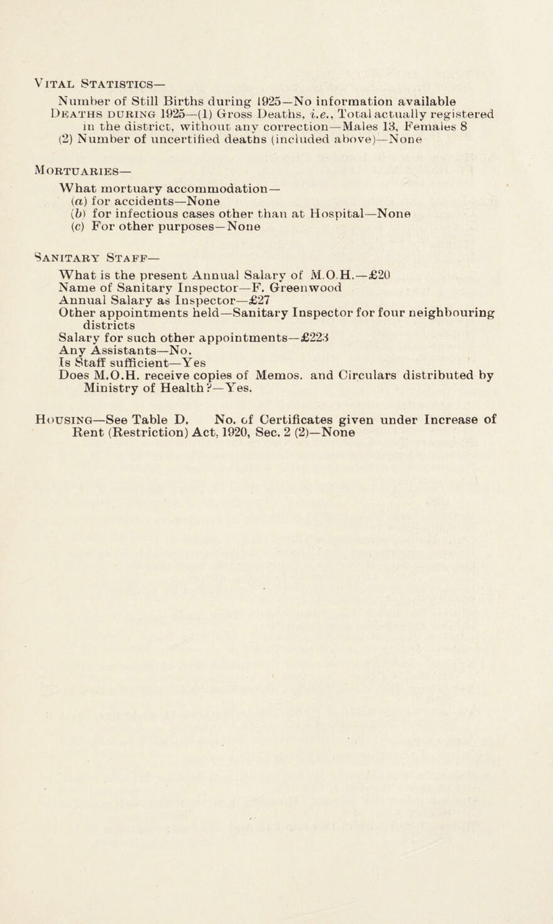 Vital Statistics— Number of Still Births during 1925—No information available Deaths during 1925—(1) Gross Deaths, i.e., Total actually registered m the district, without any correction—Males 13, Females 8 (2) Number of uncertified deaths (included above)—None Mortuaries— What mortuary accommodation — (a) for accidents—None (b) for infectious cases other than at Hospital—None (c) For other purposes—None Sanitary Staff— What is the present Annual Salary of M.O.H.—£20 Name of Sanitary Inspector—F. Greenwood Annual Salary as Inspector—£27 Other appointments held—Sanitary Inspector for four neighbouring districts Salary for such other appointments—£223 Any Assistants—No. Is Staff sufficient—Yes Does M.O.H. receive copies of Memos, and Circulars distributed by Ministry of Health?—Yes. Housing—See Table D. No. of Certificates given under Increase of Rent (Restriction) Act, 1920, Sec. 2 (2)—None