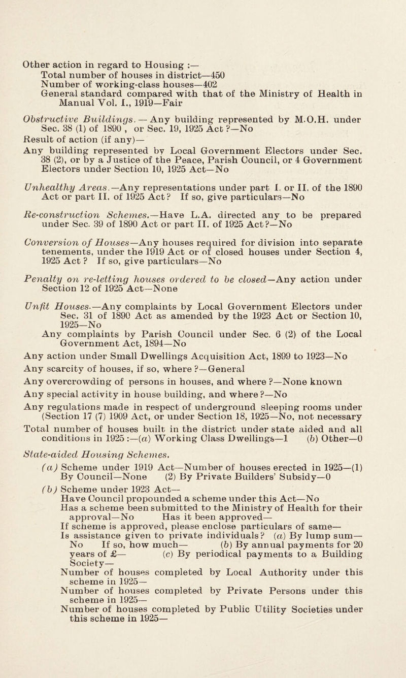 Other action in regard to Housing :— Total number of houses in district—450 Number of working-class houses—402 General standard compared with that of the Ministry of Health in Manual Yol. I., 1919—Fair Obstructive Buildings. — Any building represented by M.O.H. under Sec. 38 (1) of 1890 , or Sec. 19, 1925 Act ?—No Result of action (if any)— Any building represented by Local Government Electors under Sec. 38 (2), or by a Justice of the Peace, Parish Council, or 4 Government Electors under Section 10, 1925 Act—No Unhealthy Areas.— Any representations under part I. or II. of the 1890 Act or part II. of 1925 Act? If so, give particulars—No Re-construction Schemes.—Have L.A. directed any to be prepared under Sec. 39 of 1890 Act or part II. of 1925 Act?—No Conversion of Houses—Any houses required for division into separate tenements, under the 1919 Act or of closed houses under Section 4, 1925 Act ? If so, give particulars—No Penalty on re-letting houses ordered to be closed—Any action under Section 12 of 1925 Act—None Unfit Houses.—Any complaints by Local Government Electors under Sec. 31 of 1890 Act as amended by the 1923 Act or Section 10, 1925—No Any complaints by Parish Council under Sec. 6 (2) of the Local Government Act, 1894—No Any action under Small Dwellings Acquisition Act, 1899 to 1923—No Any scarcity of houses, if so, where ?—General Any overcrowding of persons in houses, and where ?—None known Any special activity in house building, and where ?—No Any regulations made in respect of underground sleeping rooms under (Section 17 (7) 1909 Act, or under Section 18, 1925—No, not necessary Total number of houses built in the district under state aided and all conditions in 1925 :—(a) Working Class Dwellings—1 (b) Other—0 State-aided Housing Schemes. (a) Scheme under 1919 Act—Number of houses erected in 1925—(1) By Council—None (2) By Private Builders’ Subsidy—0 (b) Scheme under 1923 Act— Have Council propounded a scheme under this Act—No Has a scheme been submitted to the Ministry of Health for their approval—No Has it been approved— If scheme is approved, please enclose particulars of same— Is assistance given to private individuals? (a) By lump sum— No If so, how much— (b) By annual payments for 20 years of £— (c) By periodical payments to a Building Society— Number of houses completed by Local Authority under this scheme in 1925— Number of houses completed by Private Persons under this scheme in 1925— Number of houses completed by Public Utility Societies under this scheme in 1925—