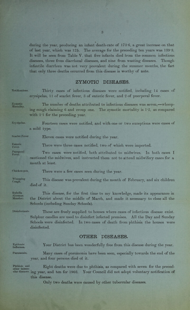 3 during the year, producing an infant death-rate of 173 6, a great increase on that of last year, which was 125. The average for the preceding ten years was 139'3. It will be seen from Table V. that five infants died from the common infectious diseases, three from diarrhoeal diseases, and nine from wasting diseases. Though infantile diarrhoea was not very prevalent during the summer months, the fact that only three deaths occurred from this disease is worthy of note. ZYMOTIC DISEASES. Notifications. Thirty cases of infectious diseases were notified, including 14 cases of erysipelas, 11 of scarlet fever, 3 of enteric fever, and 2 of puerperal fever. Zymotic Mortality. The number of deaths attributed to infectious diseases was seven,—whoop¬ ing cough claiming 6 and croup one. The zymotic mortality is 1*2, as compared with IT for the preceding year. Erysipelas. Fourteen cases were notified, and with one or two exceptions were cases of a mild type. Scarlet Fever Eleven cases were notified during the year. Enteric Fever. Puerperal Fever. There were three cases notified, two of which were imported. Two cases were notified, hoth attributed to midwives. In both cases I cautioned the midwives, and instructed them not to attend midwifery cases for a month at least. Chicken-pox. There were a few cases seen during the year. Whooping Cough. This disease was prevalent during the month of February, and six children died of it. Huhella (German Measles). This disease, for the first time to my knowledge, made its appearance in the District about the middle of March, and made it necessary to close all the Schools (including Sunday Schools). These are freely supplied to houses where cases of infectious disease exist. Sulphur candles are used to disinfect infected premises. All the Day and Sunday Schools were disinfected. In two cases of death from phthisis the houses were disinfected. Epidemic Influenza. OTHER DISEASES. Your District has been wonderfully free from this disease during the year. Pneumonia. Many cases of pneumonia have been seen, especially towards the end of the year, and four persons died of it. Phthisis and Eight deaths were due to phthisis, as compared with seven for the preced- other tuberc- ° 1 1 1 ular diseases. ing year, and ten for 1903. Your Council did not adopt voluntary notification of this disease. Only two deaths were caused by other tubercular diseases.