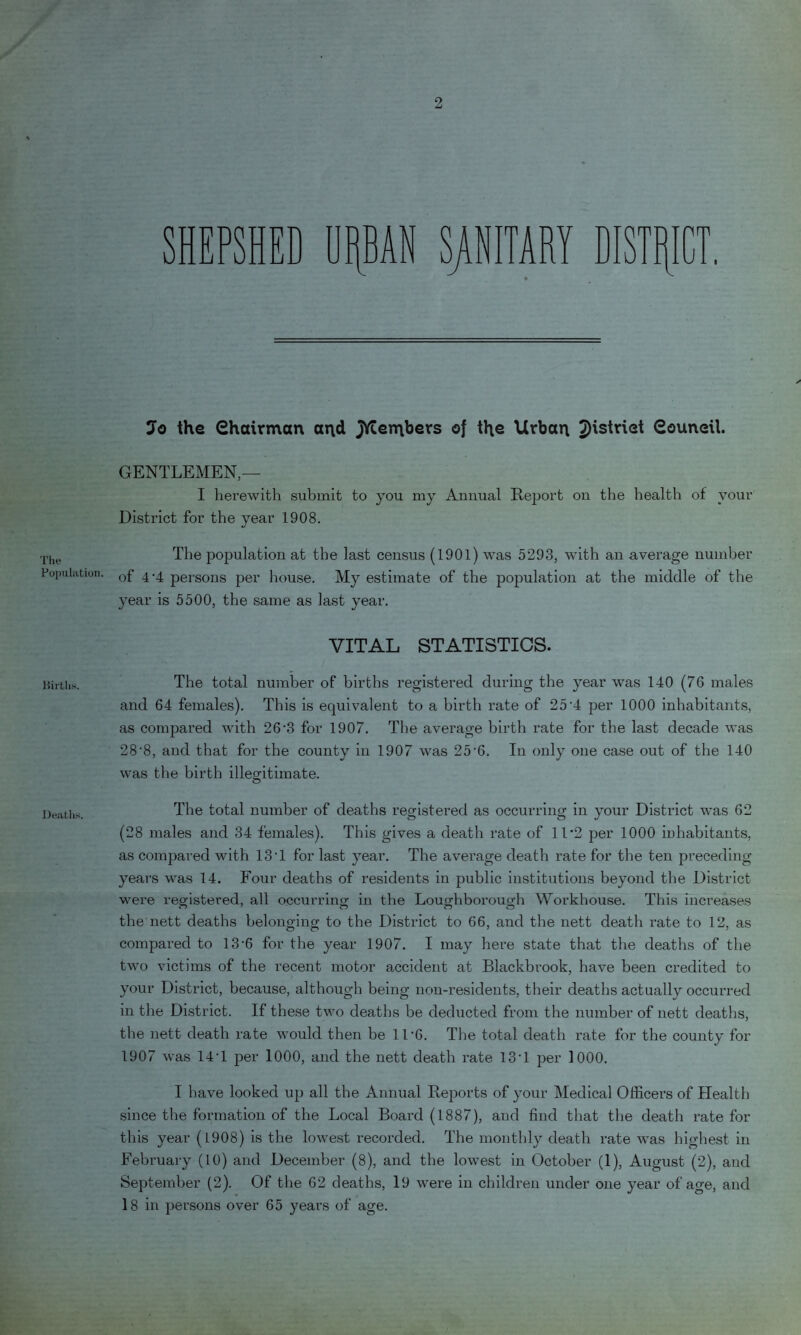 The Fopulation. Hirtlis. IJeaths. SHEPSHED UPN SjNITARY D nrn iU Jo the Chairmon and jYCernbers of the Urban 2)'striQt Gouneil. GENTLEMEN — I herewith submit to you my Annual Report on the health of your District for the year 1908. The population at the last census (1901) was 5293, with an average number of 4'4 persons per house. My estimate of the population at the middle of the year is 5500, the same as last year. VITAL STATISTICS. The total number of births registered during the year was 140 (76 males and 64 females). This is equivalent to a birth rate of 25'4 per 1000 inhabitants, as compared with 26'3 for 1907. The average birth rate for the last decade was 28‘8, and that for the county in 1907 was 25‘O. In only one case out of the 140 was the birth illeo-itimate. o The total number of deaths registered as occurring in your District was 62 (28 males and 34 females). This gives a death rate of 11’2 per 1000 iuhabitants, as compared with 13T for last year. The average death rate for the ten preceding years was 14. Four deaths of residents in public institutions beyond the District were registered, all occurring in the Loughborough Workhouse. This increases the nett deaths belonging to the District to 66, and the nett death rate to 12, as compared to 13‘6 for the year 1907. I may here state that tlie deaths of the two victims of the recent motor accident at Blackbrook, have been credited to your District, because, although being non-residents, their deaths actually occurred in the District. If these two deaths be deducted from the number of nett deaths, the nett death rate would then be 11-6. The total death rate for the county for 1907 was 14T per 1000, and the nett death rate 13T per lOOO. I have looked up all the Annual Reports of your Medical Officers of Health since the formation of the Local Board (1887), and find that the death rate for this year (1908) is the lowest recorded. The monthly death rate was highest in February (10) and December (8), and the lowest in October (1), August (2), and September (2). Of the 62 deaths, 19 were in children under one year of age, and 18 in persons over 65 years of age.