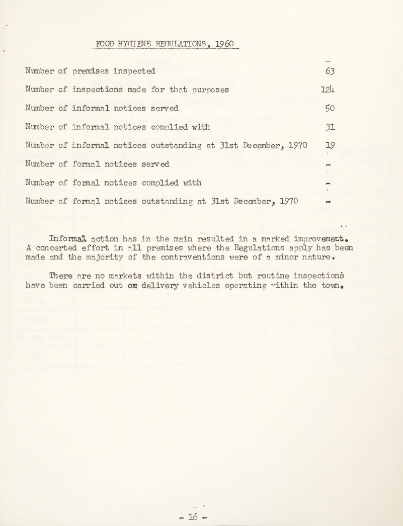 FOOD HYGIENE REGULATIONS3 I960 Number of premises inspected 63 Number of inspections made for that purposes 12U Number of informal notices served 50 Number of informal notices complied with 31 Number of informal notices outstanding at 31st December, 1970 19 Number of formal notices served ~ Number of formal notices complied with - ✓ Number of formal notices outstanding at 31st December^ 1970 - <* * Informal action has in the main resulted in a marked improvement# A concerted effort in all premises where the Regulations apply has been made and the majority of the contraventions were of a minor nature# There are no markets within the district but routine inspections have been carried out oir delivery vehicles operating T-dthin the town#