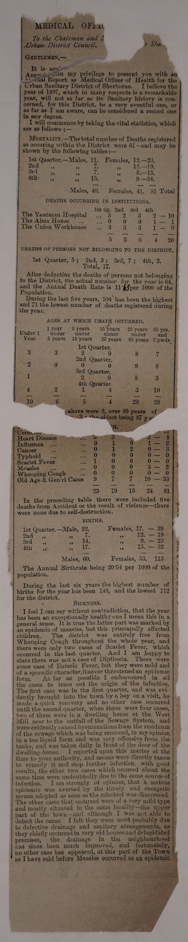 MEDICAL OFlu To the Chairman and I, . Urban / District Council. Gentlemen,— c She>, It is . Ann” ,«m my privilege to present you with an 7 *v*al Report as Medical Oiflcer of Health for the Urban Sanitary District of Sherborne. I believe the year of 1897, which iu many respects is a remarkable year, will not as far as its Sanitary history is con¬ cerned, for this District, be a very eventful one, or as far as I am aware, can be considered a record one in any degree. I will commence by taking the vital statistics, which are as follows ;— Mortality.—The total number of Deaths registered as occtiring within the District were 81—and may be shown by the following tables :— 1st Quarter.—Males, 11. Females, 12.—28. 2nd „ „ 7. „ 12.-19. 3'rd „ „ 7. „ 8.-15. 4ths „ „ 15. „ 9—24. Males, 40. Females, 41. 81 Total DEATHS OCCURRING IN INSTITUTIONS. _v 1st Qj\. 2nd 3rd 4th lhe Y.eatman Hospital ... 3 2 3 2 -- The Alms House . 0 0 0 1 - The Union Workhouse ... 3 3 3 1 - 10 1 9 5 5 0 4 20 DEATHS OF PERSONS NOT BELONGING TO THE DISTRICT. 1st Quarter, 5 ; 2nd, 3 ; 3rd, 7 ; 4th, 2. Total, IT. After deducting the deaths of persons not belonging to the District, the actual number for the year is 64, and the AnLual Death Rate is ll^jfper 1000 of the Population. During the last five years, 104' has been the highest and 71 the lowest number of deaths registered during the year. SIMer 1 Year. 3 2 1 4 10 AGES AT WHICH DEATH OCCURRED 1 year 5 years 15 years under under unner 5 years 15 years 25 years 25 years 65 yrs. under and 6*5 years Upwds 3 0 2 6 1st Quarter. 2 0 2nd Quarter, 0 0 3rd Quarter. 2 ' 0 4th Quarter 1 4 8 9 8 3 28 i 8 3 10 28 ■ above were 8, over 80 years of - 3 • oldest being 87 y e** 'H. Cerec-.*. Heart Disease 3 1 3 2 — ±z 8 Influenza ... 0 1 6 1 — 2 Cancer 0 1 2 0 — 3 Typhoid 0 0 0 0 — 0 Scarlet Fever . 1 0 0 0 — 0 Measles 0 0 0 3 — 3 Whooping Cough Old Age & Gen’rl C: ..... 0 0 0 0 — 0 ases 9 7 7 10 — 33 23 19 15 24 81 In the preceding table there were included five deaths from Accident or the result of violence—there were none due to self-destruction. 1st Quarter. - 2nd 3rd 4th 55 55 55 BIRTHS. 22. 7. 14. 17. Females, 17. — 39 12. — 19 9. - 23 15. — 32 \ 55 55 51 Males, 60. Females, 53. 113 The Annual Birthrate being 20*54 per 1000 of the population. During the last six years the highest number of births for the year has been 148, and the lowest 112 for the district.. * Sickness. I feel I can say without contradiction, that the year has been an exceptionally healthy one I mean this in a general sense. It is true the latter part was marked by an epidemic of measles, but this princapally affected children. The district was entirely free from Whooping Gough throughout the whole year, and there were only two cases of Scarlet Fever, which occurred in the last quarter. And I am happy to state there was not a case of Diptheria. There were some case of Enteric Fever, but they were mild and of a sporadic character,itnever threatened an epidemic form. As far as possible I endeavoured in all the cases to trace out the origin of the infection. The first case was in the first quarter, and was evi¬ dently brought into the town by a boy on a visit, he made a quick recovery and no other case occurred until the second quarter, when there were four cases, two of them were in a dwelling house at the West Mill near to the outfall of the Sewage System, and were evidently caused byemanations from the residuum of the sewage which was being removed, in my opinion in a too liquid form and was very offensive from the tanks, and was taken daily in front of the door of the- dwelling-house. I reported upon this matter at the time to your authority, and means were directly taaen to remedy it and stop further infection, with good results, the other two cases which occured about the same time were undoubtedly due to the same source of infection. I am strongly of opinion, that a serious epidemic was averted by the timely and energetic means adopted as soon as the mischief was discovered. The other cases that occurred were of a very mild type and mostly situated in the same locality the upper part of the town—and although I was not able to detect the cause. I felt they were most probably due to defective drainage and sanitary arrangements, as they chiefly occurred in very old houses and dilapidated premises, the drainage in the neighbourhood Las since been much improved, and fortunately, no other case has appeared, at this part of the Town '