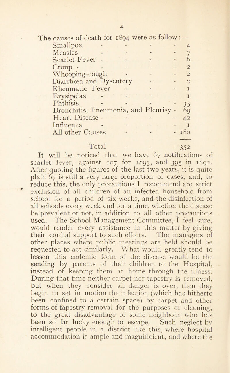 The causes of death for 1894 were as follow : — Smallpox - - - 4 Measles - - - - 7 Scarlet Fever - - - - 6 Croup - - - - 2 Whooping-cough - - - 2 Diarrhoea and Dysentery - - 2 Rheumatic Fever - - 1 Erysipelas - - - 1 Phthisis - - - ‘35 Bronchitis, Pneumonia, and Pleurisy - 69 Heart Disease - - - - 42 Influenza - - - 1 All other Causes - - - 180 Total - - - 352 It will be noticed that we have 67 notifications of scarlet fever, against 107 for 1893, and 395 in 1892. After quoting the figures of the last two years, it is quite plain 67 is still a very large proportion of cases, and, to reduce this, the only precautions I recommend are strict exclusion of all children of an infected household from school for a period of six weeks, and the disinfection of all schools every week end for a time, whether the disease be prevalent or not, in addition to all other precautions used. The School Management Committee, I feel sure, would render every assistance in this matter by giving their cordial support to such efforts. The managers of other places where public meetings are held should be requested to act similarly. What would greatly tend to lessen this endemic form of the disease would be the sending by parents of their children to the Hospital, instead of keeping them at home through the illness. During that time neither carpet nor tapestry is removed, but when they consider all danger is over, then they begin to set in motion the infection (which has hitherto been confined to a certain space) by carpet and other forms of tapestry removal for the purposes of cleaning, to the great disadvantage of some neighbour who has been so far lucky enough to escape. Such neglect by intelligent people in a district like this, where hospital accommodation is ample and magnificient, and where the