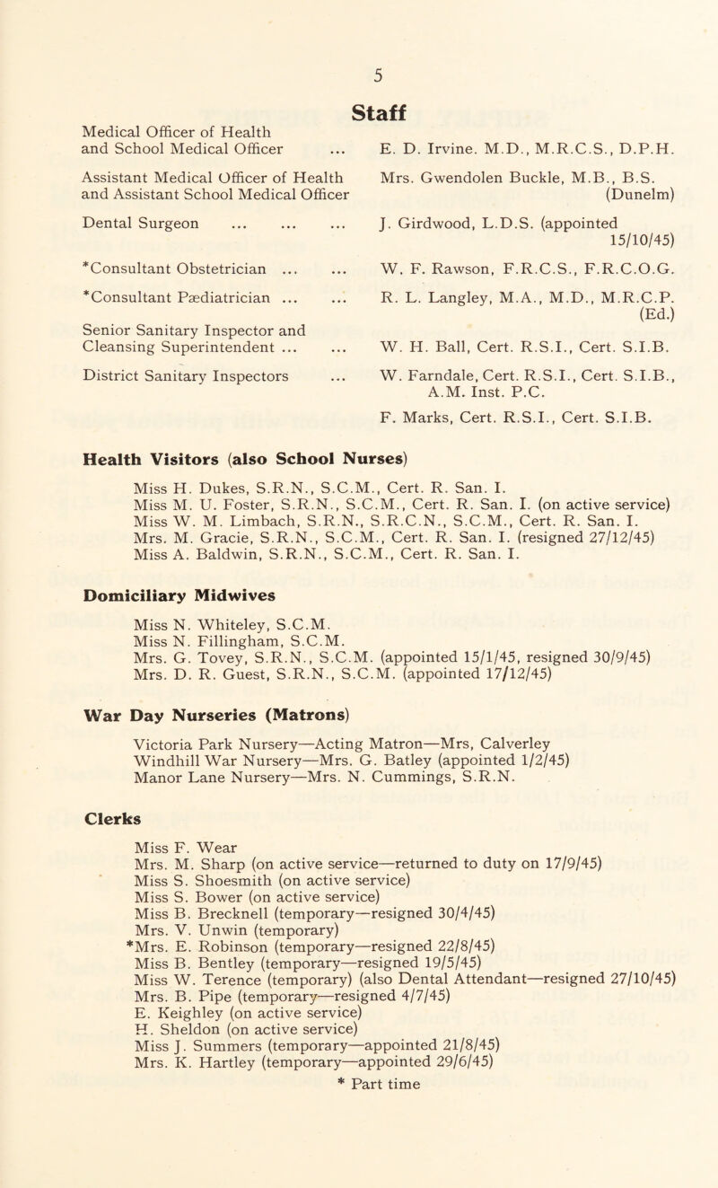 Staff Medical Officer of Health and School Medical Officer Assistant Medical Officer of Health and Assistant School Medical Officer Dental Surgeon *Consultant Obstetrician ... *Consultant Paediatrician ... Senior Sanitary Inspector and Cleansing Superintendent ... District Sanitary Inspectors E. D. Irvine. M.D., M.R.C.S., D.P.H. Mrs. Gwendolen Buckle, M.B., B.S. (Dunelm) J. Girdwood, L.D.S. (appointed 15/10/45) W. F. Rawson, F.R.C.S., F.R.C.O.G. R. L. Langley, M.A., M.D., M.R.C.P. (Ed.) W. H. Ball, Cert. R.S.I., Cert. S.I.B. W. Farndale, Cert. R.S.I., Cert. S.I.B., A.M. Inst. P.C. F. Marks, Cert. R.S.I., Cert. S.I.B. Health Visitors (also School Nurses) Miss H. Dukes, S.R.N., S.C.M., Cert. R. San. I. Miss M. U. Foster, S.R.N., S.C.M., Cert. R. San. I. (on active service) Miss W. M. Limbach, S.R.N., S.R.C.N., S.C.M., Cert. R. San. I. Mrs. M. Gracie, S.R.N., S.C.M., Cert. R. San. I. (resigned 27/12/45) Miss A. Baldwin, S.R.N., S.C.M., Cert. R. San. I. Domiciliary Midwives Miss N. Whiteley, S.C.M. Miss N. Fillingham, S.C.M. Mrs. G. Tovey, S.R.N., S.C.M. (appointed 15/1/45, resigned 30/9/45) Mrs. D. R. Guest, S.R.N., S.C.M. (appointed 17/12/45) War Day Nurseries (Matrons) Victoria Park Nursery—Acting Matron—Mrs, Calverley Windhill War Nursery—Mrs. G. Batley (appointed 1/2/45) Manor Lane Nursery—Mrs. N. Cummings, S.R.N. Clerks Miss F. Wear Mrs. M. Sharp (on active service—returned to duty on 17/9/45) Miss S. Shoesmith (on active service) Miss S. Bower (on active service) Miss B. Brecknell (temporary—resigned 30/4/45) Mrs. V. Unwin (temporary) *Mrs. E. Robinson (temporary—resigned 22/8/45) Miss B. Bentley (temporary—resigned 19/5/45) Miss W. Terence (temporary) (also Dental Attendant—resigned 27/10/45) Mrs. B. Pipe (temporary—resigned 4/7/45) E. Keighley (on active service) H. Sheldon (on active service) Miss J. Summers (temporary—appointed 21/8/45) Mrs. K. Hartley (temporary—appointed 29/6/45) * Part time