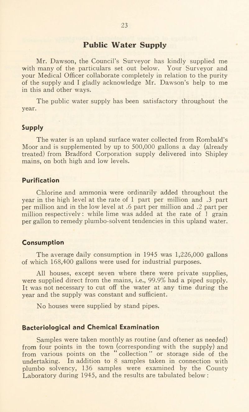 Public Water Supply Mr. Dawson, the Council’s Surveyor has kindly supplied me with many of the particulars set out below. Your Surveyor and your Medical Officer collaborate completely in relation to the purity of the supply and I gladly acknowledge Mr. Dawrson’s help to me in this and other ways. The public water supply has been satisfactory throughout the year. Supply The water is an upland surface water collected from Rombald’s Moor and is supplemented by up to 500,000 gallons a day (already treated) from Bradford Corporation supply delivered into Shipley mains, on both high and low levels. Purification Chlorine and ammonia were ordinarily added throughout the year in the high level at the rate of 1 part per million and .3 part per million and in the low level at .6 part per million and .2 part per million respectively: while lime was added at the rate of 1 grain per gallon to remedy plumbo-solvent tendencies in this upland water. Consumption The average daily consumption in 1945 was 1,226,000 gallons of which 168,400 gallons were used for industrial purposes. All houses, except seven where there were private supplies, were supplied direct from the mains, i.e., 99.9% had a piped supply. It was not necessary to cut off the water at any time during the year and the supply was constant and sufficient. No houses were supplied by stand pipes. Bacteriological and Chemical Examination Samples were taken monthly as routine (and oftener as needed) from four points in the town (corresponding with the supply) and from various points on the “ collection ” or storage side of the undertaking. In addition to 8 samples taken in connection with plumbo solvency, 136 samples were examined by the County Laboratory during 1945, and the results are tabulated below: