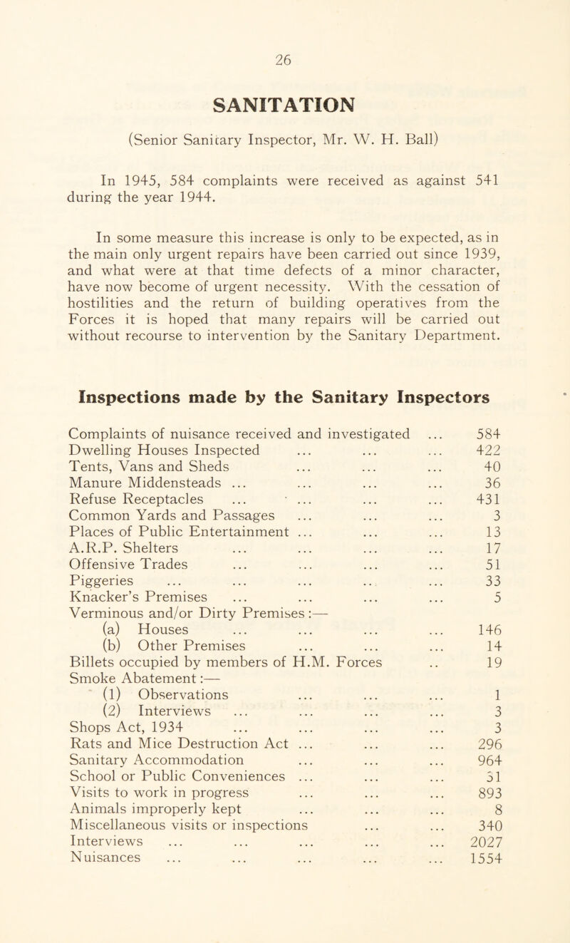 SANITATION (Senior Sanicary Inspector, Mr. W. H. Ball) In 1945, 584 complaints were received as against 541 during the year 1944. In some measure this increase is only to be expected, as in the main only urgent repairs have been carried out since 1939, and what were at that time defects of a minor character, have now become of urgent necessity. With the cessation of hostilities and the return of building operatives from the Forces it is hoped that many repairs will be carried out without recourse to intervention by the Sanitary Department. Inspections made by the Sanitary Inspectors Complaints of nuisance received and investigated 584 Dwelling Houses Inspected • • • ... 422 Tents, Vans and Sheds ... . . . 40 Manure Middensteads ... ... ... 36 Refuse Receptacles ... ... ... ... 431 Common Yards and Passages ... ... 3 Places of Public Entertainment ... ... 13 A.R.P. Shelters ... ... 17 Offensive Trades ... ... 51 Piggeries 33 Knacker’s Premises Verminous and/or Dirty Premises :— ... 5 (a) Houses 146 (b) Other Premises 14 Billets occupied by members of H.M. Smoke Abatement Forces 19 (l) Observations 1 (2) Interviews 3 Shops Act, 1934 3 Rats and Mice Destruction Act ... 296 Sanitary Accommodation 964 School or Public Conveniences ... 31 Visits to work in progress 893 Animals improperly kept 8 Miscellaneous visits or inspections 340 Interviews 2027 Nuisances ... 1554
