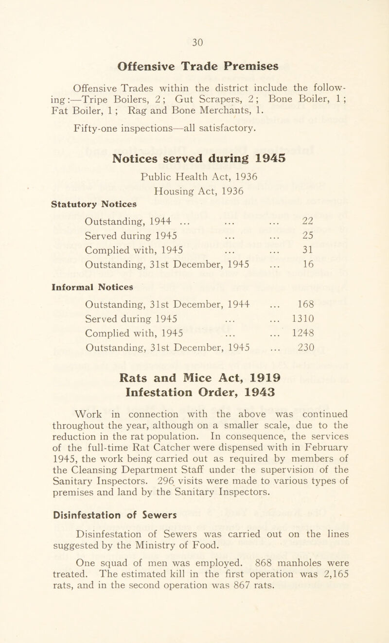 Offensive Trade Premises Offensive Trades within the district include the follow¬ ing :—Tripe Boilers, 2 ; Gut Scrapers, 2 ; Bone Boiler, 1 ; Fat Boiler, 1 ; Rag and Bone Merchants, 1. Fifty-one inspections—all satisfactory. Notices served during 1945 Public Health Act, 1936 Housing Act, 1936 Statutory Notices Outstanding, 1944 ... ... ... 22 Served during 1945 ... ... 25 Complied with, 1945 ... ... 31 Outstanding, 31st December, 1945 ... 16 Informal Notices Outstanding, 31st December, 1944 Served during 1945 Complied with, 1945 Outstanding, 31st December, 1945 168 1310 1248 230 Rats and Mice Act, 1919 Infestation Order, 1943 Work in connection with the above was continued throughout the year, although on a smaller scale, due to the reduction in the rat population. In consequence, the services of the full-time Rat Catcher were dispensed with in February 1945, the work being carried out as required by members of the Cleansing Department Staff under the supervision of the Sanitary Inspectors. 296 visits were made to various types of premises and land by the Sanitary Inspectors. Disinfestation of Sewers Disinfestation of Sewers was carried out on the lines suggested by the Ministry of Food. One squad of men was employed. 868 manholes were treated. The estimated kill in the first operation was 2,165 rats, and in the second operation was 867 rats.