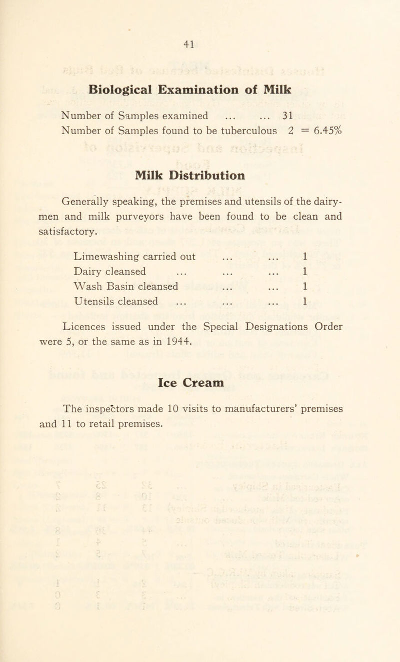 41 Biological Examination of Milk Number of Samples examined ... ... 31 Number of Samples found to be tuberculous 2 = 6.45% Milk Distribution Generally speaking, the premises and utensils of the dairy¬ men and milk purveyors have been found to be clean and satisfactory. Limewashing carried out ... ... 1 Dairy cleansed ... ... ... 1 Wash Basin cleansed ... ... 1 Utensils cleansed ... ... ... 1 Licences issued under the Special Designations Order were 5, or the same as in 1944. Ice Cream The inspectors made 10 visits to manufacturers’ premises
