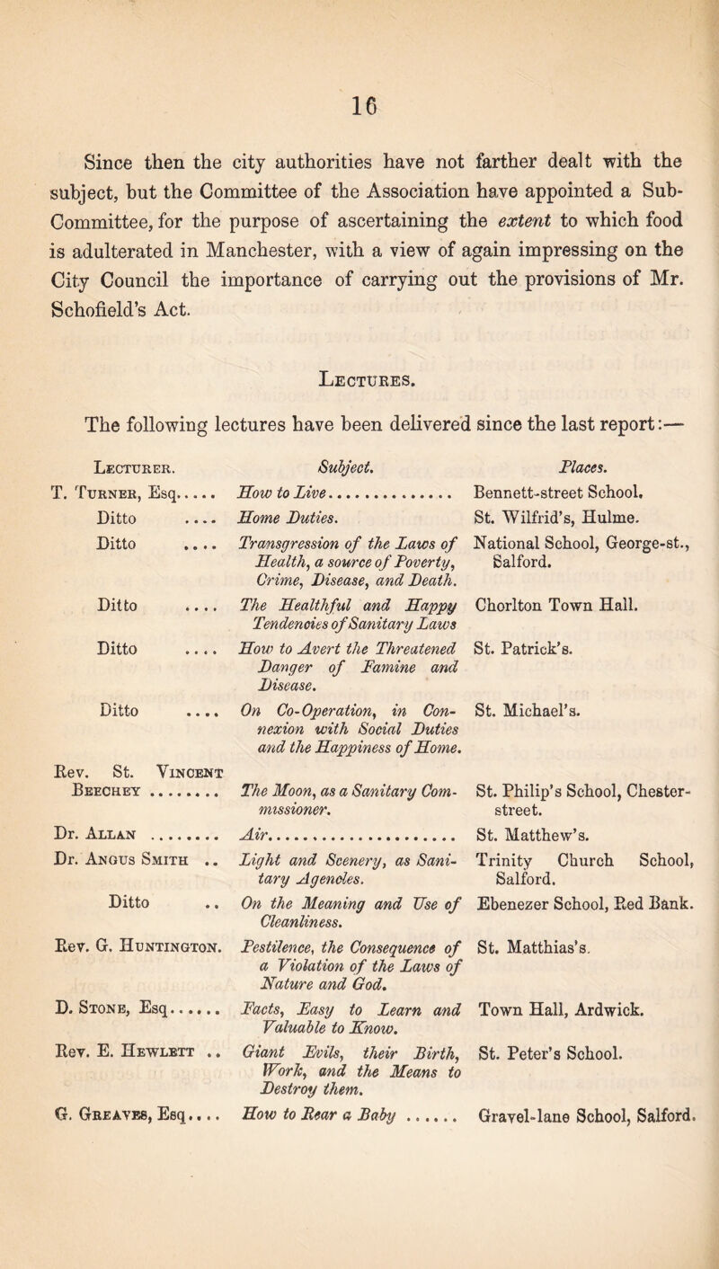 Since then the city authorities have not farther dealt with the subject, but the Committee of the Association have appointed a Sub- Committee, for the purpose of ascertaining the extent to which food is adulterated in Manchester, with a view of again impressing on the City Council the importance of carrying out the provisions of Mr. Schofield’s Act. Lectures. The following lectures have been delivered since the last report Lecturer. Subject. Places. T. Turner, Esq..... Sow to Live.. Bennett-street School. Ditto .... Home Duties. St. Wilfrid’s, Hulme. Ditto .... Transgression of the Laws of Health, a source of Poverty, Crime, Disease, and Death. National School, George-st., Salford. Ditto .... The Healthful and Happy Tendencies of Sanitary Laws Chorlton Town Hall. Ditto .... How to Avert the Threatened Danger of Famine and Disease. St. Patrick’s. Ditto .... On Co-Operation, in Con¬ nexion with Social Duties and the Happiness of Home. St. Michael’s. Eev. St. Vincent Beechey. The Moon, as a Sanitary Com¬ missioner. St. Philip’s School, Chester- street. Dr. Allan .. Air. St. Matthew’s. Dr. Angus Smith .. Light and Scenery, as Sani¬ tary Agencies. Trinity Church School, Salford. Ditto On the Meaning and Use of Cleanliness. Ebenezer School, Red Bank. Rev. G. Huntington. Pestilence, the Consequence of a Violation of the Laws of Nature and God. St. Matthias’s. D. Stone, Esq...... Facts, Fasy to Learn and Valuable to Know. Town Hall, Ardwick. Rev. E. Hewlett .. Giant Fvils, their Birth, Work, and the Means to Destroy them. St. Peter’s School. G. Greaves, Esq.... How to Bear a Baby ...... Grayel-lane School, Salford.