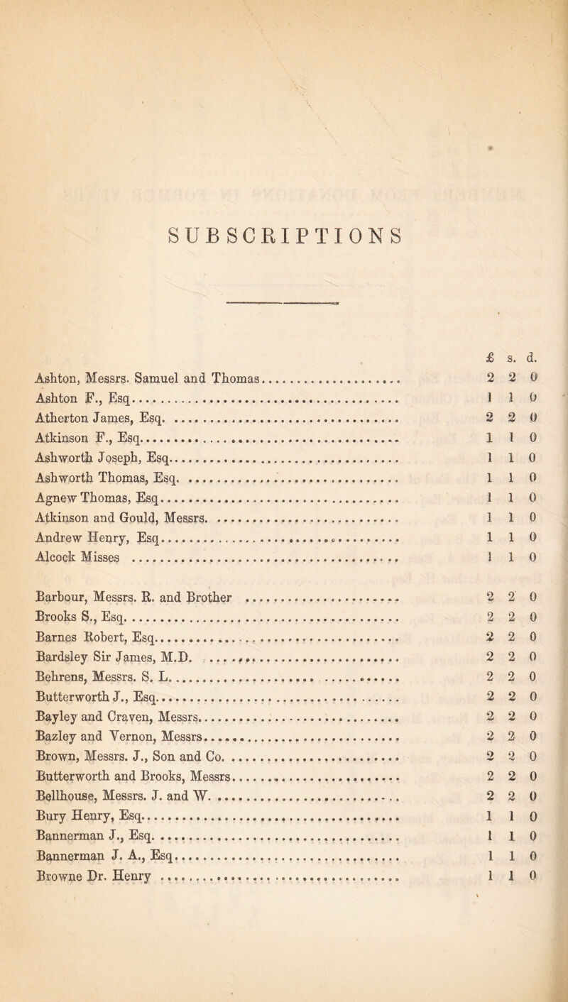 SUBSCRIPTIONS £ s. d. Asliton, Messrs. Samuel and Thomas. 2 2 0 Ashton F., Esq. 1 1 0 Atherton James, Esq. .. 2 2 0 Atkinson F., Esq. 1 1 0 Ashworth Joseph, Esq. 1 1 0 Ashworth Thomas, Esq. 1 1 0 Agnew Thomas, Esq. 1 1 0 Atkinson and Gould, Messrs. 1 1 0 Andrew Henry, Esq... 110 Aleock Misses . 1 1 0 Barbour, Messrs. R. and Brother . 2 2 0 Brooks S., Esq. 2 2 0 Barnes Robert, Esq. 2 2 0 Bardsley Sir Janies, M.B.... 2 2 0 Behrens, Messrs. S. L. 2 2 0 Butterworth J., Esq. 2 2 0 Bayley and Craven, Messrs. 2 2 0 Bazley and Yernon, Messrs. 2 2 0 Brown, Messrs. J., Son and Co. 2 2 0 Butterworth and Brooks, Messrs. 2 2 0 Bellhouse, Messrs. J. and W. 2 2 0 Bury Henry, Esq. 1 1 0 Bannerman J., Esq. 1 1 0 Bannerman J. A., Esq. 1 1 0