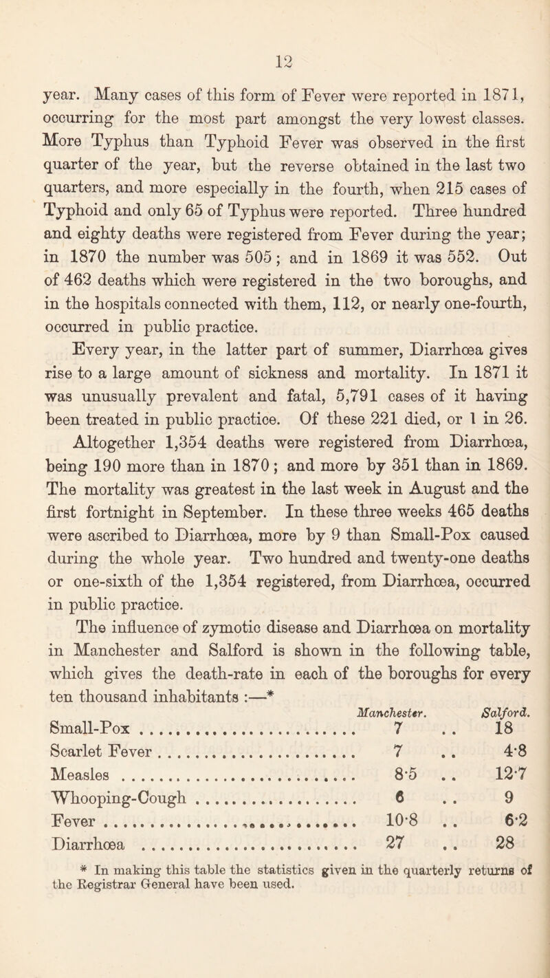 year. Many cases of this form of Fever were reported in 1871, occurring for the most part amongst the very lowest classes. More Typhus than Typhoid Fever was observed in the first quarter of the year, but the reverse obtained in the last two quarters, and more especially in the fourth, when 215 cases of Typhoid and only 65 of Typhus were reported. Three hundred and eighty deaths were registered from Fever during the year; in 1870 the number was 505 ; and in 1869 it was 552. Out of 462 deaths which were registered in the two boroughs, and in the hospitals connected with them, 112, or nearly one-fourth, occurred in public practice. Every year, in the latter part of summer, Diarrhoea gives rise to a large amount of sickness and mortality. In 1871 it was unusually prevalent and fatal, 5,791 cases of it having been treated in public practice. Of these 221 died, or 1 in 26. Altogether 1,354 deaths were registered from Diarrhoea, being 190 more than in 1870 ; and more by 351 than in 1869. The mortality was greatest in the last week in August and the first fortnight in September. In these three weeks 465 deaths were ascribed to Diarrhoea, more by 9 than Small-Pox caused during the whole year. Two hundred and twenty-one deaths or one-sixth of the 1,354 registered, from Diarrhoea, occurred in public practice. The influence of zymotic disease and Diarrhoea on mortality in Manchester and Salford is shown in the following table, which gives the death-rate in each of the boroughs for every ten thousand inhabitants :—* Small-Pox Manchester. ... 7 Salford. 18 Scarlet Fever. . 7 4*8 Measles . 8*5 .. 12-7 Whooping-Cough . . ................ 6 9 Fever. • 10 8 •« 6-2 Diarrhoea . .. 27 28 * In making this table the statistics given in the quarterly returns of the Registrar General have been used.