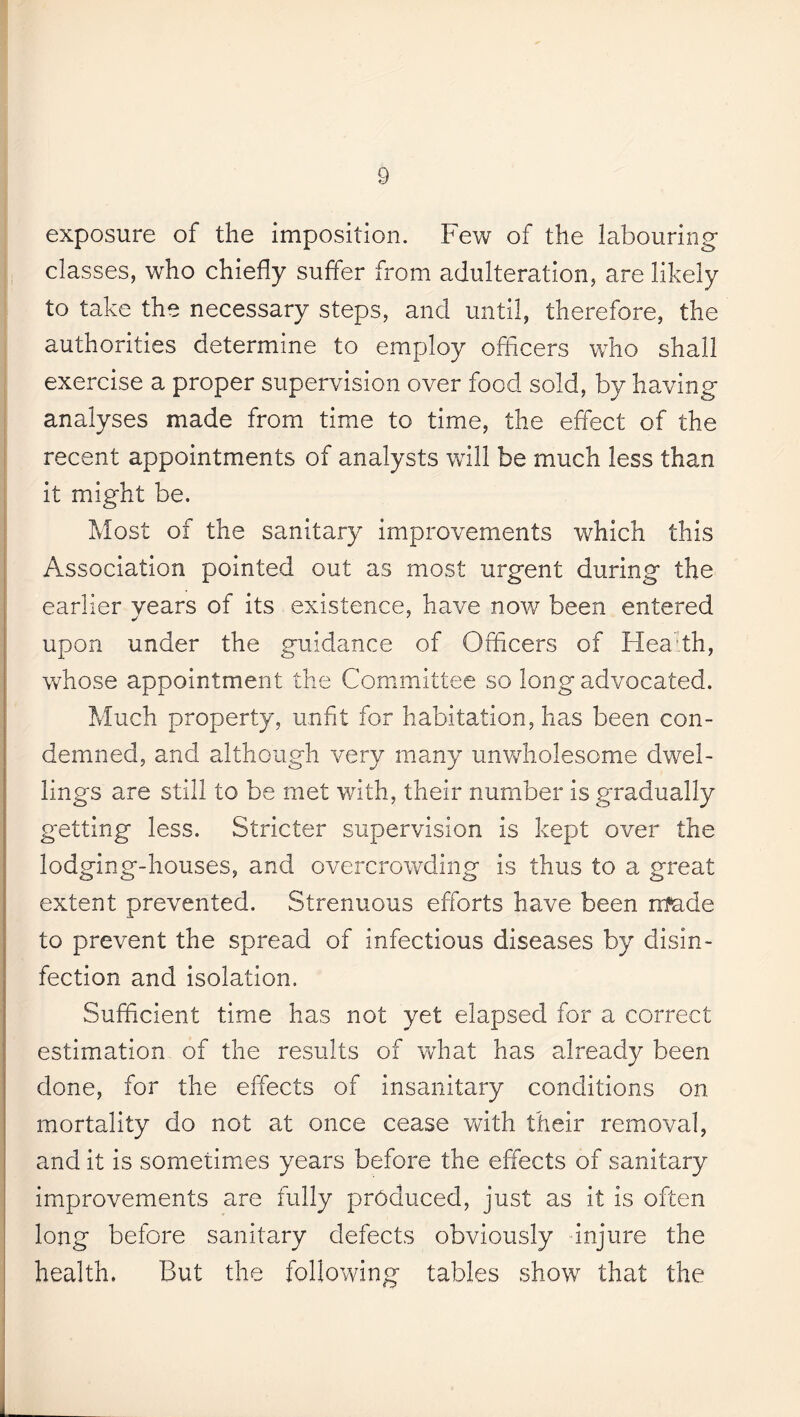 exposure of the imposition. Few of the labouring classes, who chiefly suffer from adulteration, are likely to take the necessary steps, and until, therefore, the authorities determine to employ officers who shall exercise a proper supervision over food sold, by having analyses made from time to time, the effect of the recent appointments of analysts will be much less than it might be. Most of the sanitary improvements which this Association pointed out as most urgent during the earlier years of its existence, have now been entered upon under the guidance of Officers of Health, whose appointment the Committee so long advocated. Much property, unfit for habitation, has been con¬ demned, and although very many unwholesome dwel¬ lings are still to be met with, their number is gradually getting less. Stricter supervision is kept over the lodging-houses, and overcrowding is thus to a great extent prevented. Strenuous efforts have been rrfade to prevent the spread of infectious diseases by disin¬ fection and isolation. Sufficient time has not yet elapsed for a correct estimation of the results of what has already been done, for the effects of insanitary conditions on mortality do not at once cease with their removal, and it is sometimes years before the effects of sanitary improvements are fully produced, just as it is often long before sanitary defects obviously injure the health. But the following tables show that the