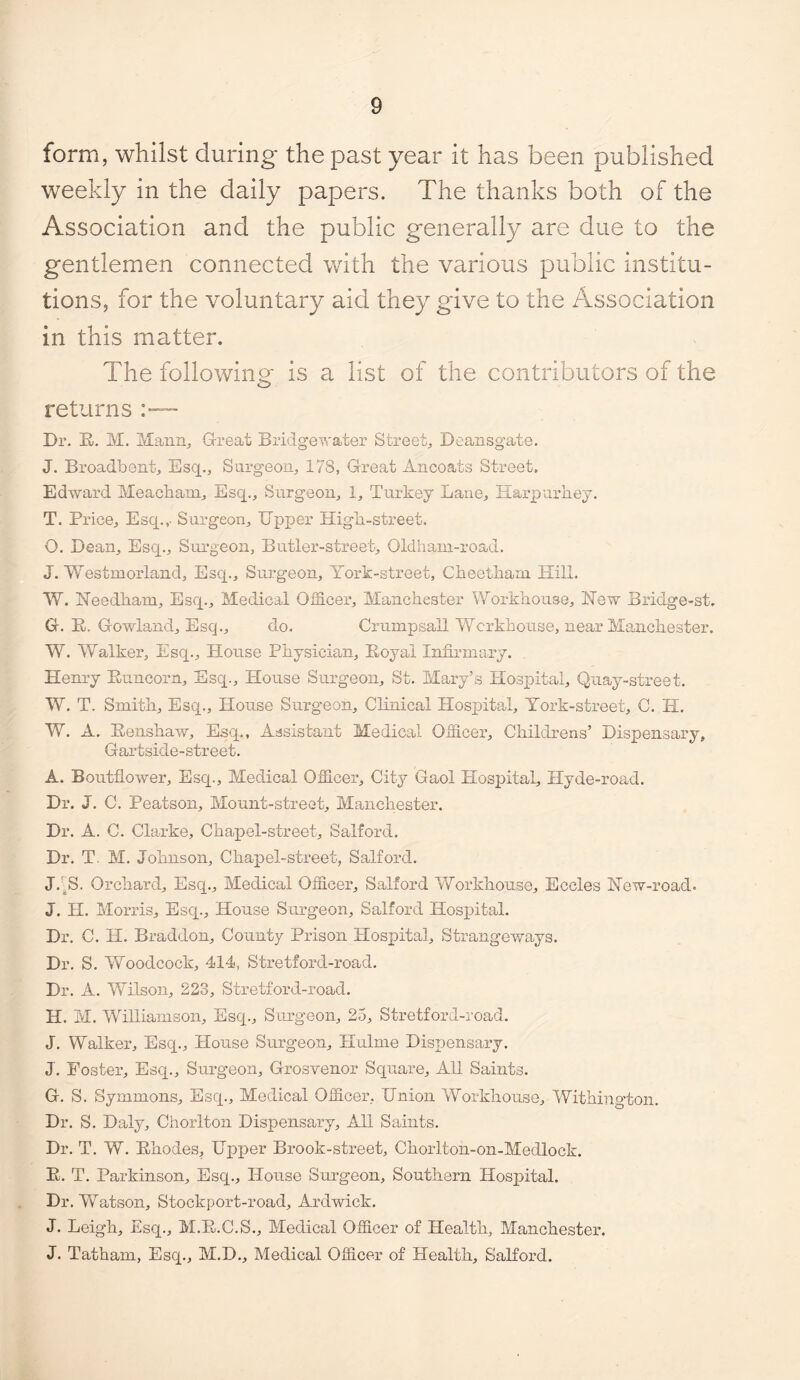 form, whilst during the past year it has been published weekly in the daily papers. The thanks both of the Association and the public generally are due to the gentlemen connected with the various public institu¬ tions, for the voluntary aid they give to the Association in this matter. The following is a list of the contributors of the returns r— Dr. El. M, Maiin^ Great Bridgewater Street, Deansgate. J. Broadbent, Esq., Surgeon, 178, Great Ancoats Street. Edward Meacliam, Esq., Surgeon, 1, Turkey Lane, Harpurliey. T. Price, Esq.,- Surgeon, Upper Higli-street. O. Dean, Esq., Surgeon, Butler-street, Oldhain-road. J. Westmorland, Esq., Surgeon, York-street, Cheetham Hill. W. Needham, Esq., Medical Officer, Manchester Workhouse, New Bridge-st. G. E. Gowland, Esq., do. Crumpsall Workhouse, near Manchester. W. Walker, Esq., House Physician, Eoyai Infirmary. Henry Euncorn, Esq., House Surgeon, St. Mary’s Hospital, Quay-street. W. T. Smith, Esq., House Surgeon, Chiiical Hospital, Tork-street, C. H. W. A. Eenshaw, Esq., Assistant Medical Officer, Childrens’ Dispensary, Gartside-street. A. Boutflower, Esq., Medical Officer, City Gaol Hospital, Hyde-road. Dr. J. C. Peatson, Mount-street, Manchester. Dr. A. C. Clarke, Chaj^el-street, Salford. Dr. T. M. Johnson, Chapel-street, Salford. J.'^S. Orchard, Esq., Medical Officer, Salford Y7orkhouse, Eccles New-road. J. H. Morris, Esq., House Surgeon, Salford Hospital. Dr. C. H. Braddon, County Prison Hospital, Strangeways. Dr. S. Woodcock, 414, Stretford-road. Dr. A. Vfilson, 223, Stretford-road. H. M. Williamson, Esq., Surgeon, 25, Stretford-road. J. Walker, Esq., House Surgeon, Hulme Dispensary. J. Foster, Esq., Surgeon, Groswenor Square, All Saints. G. S. Symmons, Esq., Medical Officer, Union Workhouse, Withington. Dr. S. Daly, Chorlton Dispensary, All Saints. Dr. T. W. Ehodes, Upx)er Brook-street, Chorlton-on-Medlock. E. T. Parkinson, Esq., House Surgeon, Southern Hospital. Dr. Watson, Stockport-road, Ardwick. J. Leig'h, Esq., M.E.C.S., Medical Officer of Health, Manchester. J. Tatham, Esq., M.D., Medical Officer of Health, Salford.