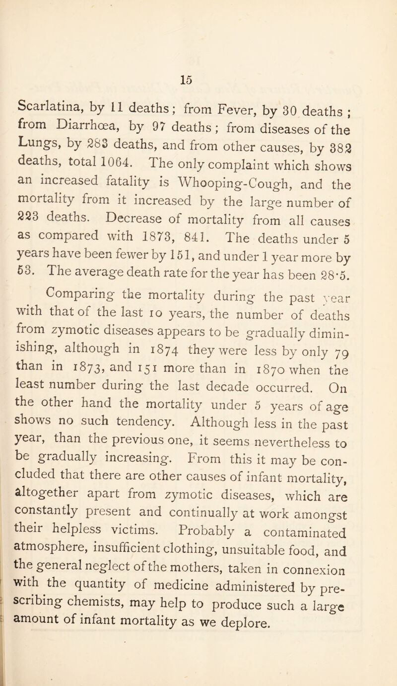 Scarlatina, by 11 deaths; from Fever, by 30 deaths ; from Diarrhoea, by 97 deaths ; from diseases of the Lungfs, by 283 deaths, and from other causes, by 382 deaths, total 1064. The only complaint which shows an increased fatality is AVhooping'-Coug'h, and the mortality from it increased by the larg*e number of 223 deaths. Decrease of mortality from all causes as compared with 1873, 841. The deaths under 5 years have been fewer by 151, and under 1 year more by 53. The average death rate for the year has been 28*5. Comparing the mortality during the past \ ear with that of the last lo years, the number of deaths from zymotic diseases appears to be gradually dimin¬ ishing, although in 1874 they were less by only 79 than in 1873? 3>nd 151 more than in 1870 when the least number during the last decade occurred. On the other hand the mortality under 5 years of age shows no such tendency. Although less in the past year, than the previous one, it seems nevertheless to be gradually increasing. From this it may be con¬ cluded that there are other causes of infant mortality, altogether apart from zymotic diseases, which are constantly present and continually at work amongst their helpless victims. Probably a contaminated atmosphere, insufficient clothing, unsuitable food, and the general neglect of the mothers, taken in connexion with the quantity of medicine administered by pre¬ scribing chemists, may help to produce such a large amount of infant mortality as we deplore.