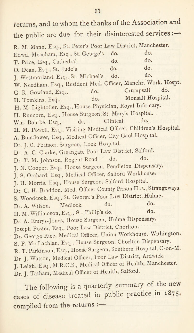 returns, cind to whom the thnnhs of the Association cind the public are due for their disinterested services» R. M. Mann, Esq., St. Peter's Poor Law District, Manchester. Edwd. Meacham, Esq , St. George’s do. do. T. Price, E*q., Cathedral do. do. O. Dean, Esq , St. Jude’s do. do. J. Westmorland, Esq., St. Michael’s do, do. \y Needham, Esq., Resident Med. Officer, Manchr. Work. Hospt. G. R Gowland, Esq., do. Crumpsall do. II. Tomkins, Esq., do. Monsall Hospital. H. M. Lightoller, Esq., House Physician, Royal Infirmary. H. Runcorn, Esq., House Surgeon, St. Marys Hospital. Wm. Bourke. Esq., do. Clinical do. II. M. Powell, Esq., Visiting Medical Officer, Children s Hospital. A. Boutflower, Esq., Medical Officer, City Gaol Hospital. Dr. J. C. Peatsor., Surgeon, Lock Hospital. Dr. A. C. Clarke, Greengate Poor Law District, Salford. Dr. T. M. Johnson, Regent Road do. do. J. N. Cooper, Esq., House Surgeon, Pendleton Dispensary, J. S. Orchard, Esq., Medical Officer. Salford Workhouse* J. Id. Morris, Esq., House Surgeon, Salford Hospital. Dr. C. H. Braddon, Med. Officer County Prison Hos., Strangeways* S. Woodcock. Esq., St. George’s Poor Law District, Hulme. Dr. A. Wilson, Medlock do. do. H. M. Williamson, Esq., St. Philip’s do. do. Dr. A. Emrys-Jones, House Surgeon, Hulme Dispensary. Joseph Foster. Esq., Poor Law District, Chorltom Dr. George ltice, Medical Officer, Union Workhouse, Withingtoii. S. F. Me.Lachlan, Esq., House Surgeon, Chorlton Dispensary. R. T. Parkinson, Esq., House Surgeon, Southern Hospital, C-on-M. Dr J. Watson, Medical Officer, Poor Law District, Ardwick. J. Leigh, Esq., M R.C.S., Medical Officer of Health, Manchester. Dr. J. Tatham, Medical Officer of Health, Salford. The following is a quarterly summary of the new cases of disease treated in public practice in 1875. compiled from the returns