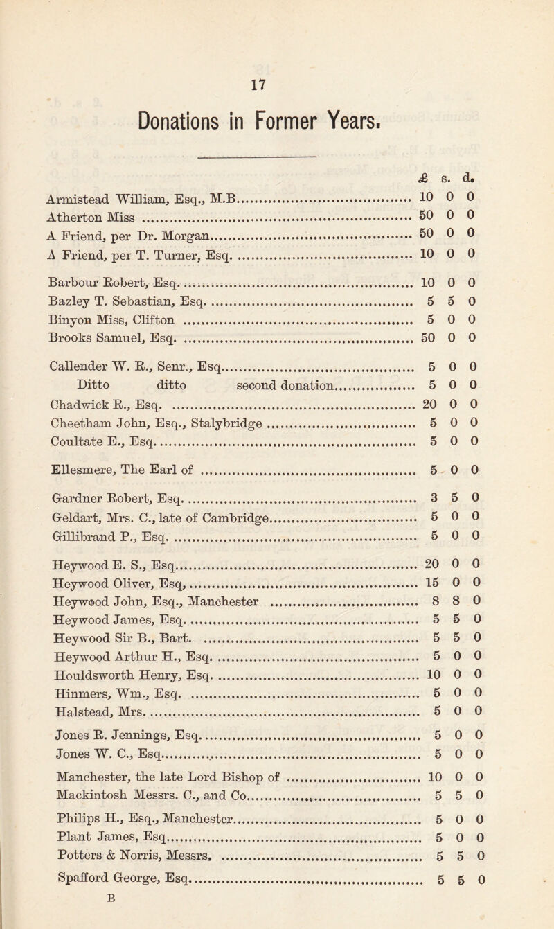 Donations in Former Years. £ s. d. Armistead William, Esq., M.B. 10 0 0 Atherton Miss ... 50 0 0 A Friend, per Dr. Morgan. 50 0 0 A Friend, per T. Turner, Esq. 10 0 0 Barbour Robert, Esq......... 10 0 0 Bazley T. Sebastian, Esq... 5 5 0 Binyon Miss, Clifton . 5 0 0 Brooks Samuel, Esq. 50 0 0 Callender W. R., Senr., Esq. 5 0 0 Ditto ditto second donation. 5 0 0 Chadwick R., Esq. 20 0 0 Cheetham John, Esq., Stalybridge. 5 0 0 Coultate E., Esq. 5 0 0 Ellesmere, The Earl of . 5 0 0 Gardner Robert, Esq. 3 5 0 Geldart, Mrs. C., late of Cambridge. 5 0 0 Gillibrand P., Esq, . 5 0 0 Heywood E. S„ Esq. 20 0 0 Hey wood Oliver, Esq,. 15 0 0 Heywood John, Esq., Manchester . 8 8 0 Heywood James, Esq. 5 5 0 Heywood Sir B., Bart. 5 5 0 Heywood Arthur H., Esq. 5 0 0 Houldsworth Henry, Esq. 10 0 0 Hinmers, Wm., Esq. 5 0 0 Halstead, Mrs..... 5 0 0 Jones R. Jennings, Esq. 5 0 0 Jones W. C., Esq. 5 0 0 Manchester, the late Lord Bishop of . 10 0 0 Mackintosh Messrs. C., and Co. 5 5 0 Philips H., Esq., Manchester... 5 0 0 Plant James, Esq. 5 0 0 Potters & Norris, Messrs, . 5 5 0 Spalford George, Esq. 5 5 0 B