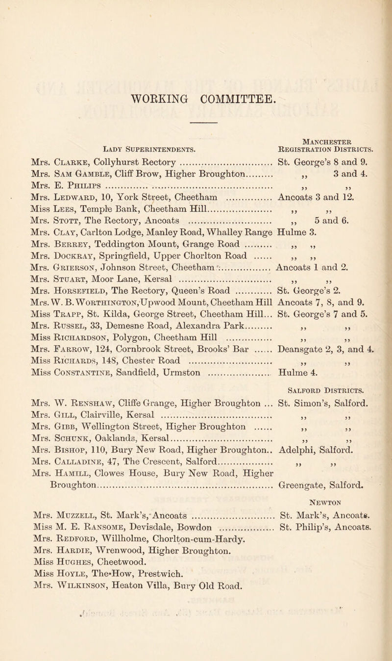 WORKING COMMITTEE. Manchester Lady Superintendents. Registration Districts. Mrs. Clarke, Collyhurst Rectory.. St. George’s 8 and 9. Mrs. Sam Gamble, Cliff Brow, Higher Broughton. ,, 3 and 4. Mrs. E. Philips ... ,, ,, Mrs. Ledward, 10, York Street, Cheetham . Ancoats 3 and 12. Miss Lees, Temple Bank, Cheetham Hill. ,, ,, Mrs. Stott, The Rectory, Ancoats ... ,, 5 and 6. Mrs. Clay, Carlton Lodge, Manley Road, Whalley Range Hulme 3. Mrs. Berrey, Teddington Mount, Grange Road . ,, ,, Mrs. Dockray, Springfield, Upper Chorlton Road . ,, ,, Mrs. Grierson, Johnson Street, Cheetham '.-. Ancoats 1 and 2. Mrs. Stuart, Moor Lane, Kersal . ,, ,, Mrs. Horsefield, The Rectory, Queen’s Road . St. George’s 2. Mrs. W.B. Worthington, Upwood Mount, Cheetham Hill Ancoats 7, 8, and 9. Miss Trapp, St. Kilda, George Street, Cheetham Hill... St. George’s 7 and 5. Mrs. Russel, 33, Demesne Road, Alexandra Park. ,, ,, Miss Richardson, Polygon, Cheetham Hill . ,, ,, Mrs. Farrow, 124, Cornbrook Street, Brooks’ Bar . Deansgate 2, 3, and 4. Miss Richards, 148, Chester Road . ,, ,, Miss Constantine, Sandfield, Urmston . Hulme 4. Salford Districts. Mrs. W. Renshaw, CliffeGrange, Higher Broughton ... St. Simon’s, Salford. Mrs. Gill, Clairville, Kersal . ,, ,, Mrs. Gibb, Wellington Street, Higher Broughton . ,, ,, Mrs. Schunk, Oaklands, Kersal. ,, ,, Mrs. Bishop, 110, Bury New Road, Higher Broughton.. Adelphi, Salford. Mrs. Calladine, 47, The Crescent, Salford. ,, ,, Mrs. Hamill, Clowes House, Bury New Road, Higher Broughton. Greengate, Salford. Newton Mrs. Muzzell, St. Mark’s, Ancoats . St. Mark’s, Ancoats. Miss M. E. Ransome, Devisdale, Bowdon . St. Philip’s, Ancoats, Mrs. Redford, Willholme, Chorlton-cum-Hardy. Mrs. Hardie, Wren wood, Higher Broughton. Miss Hughes, Cheetwood. Miss Hoyle, The*How, Prestwich. Mrs. Wilkinson, Heaton Villa, Bury Old Road.
