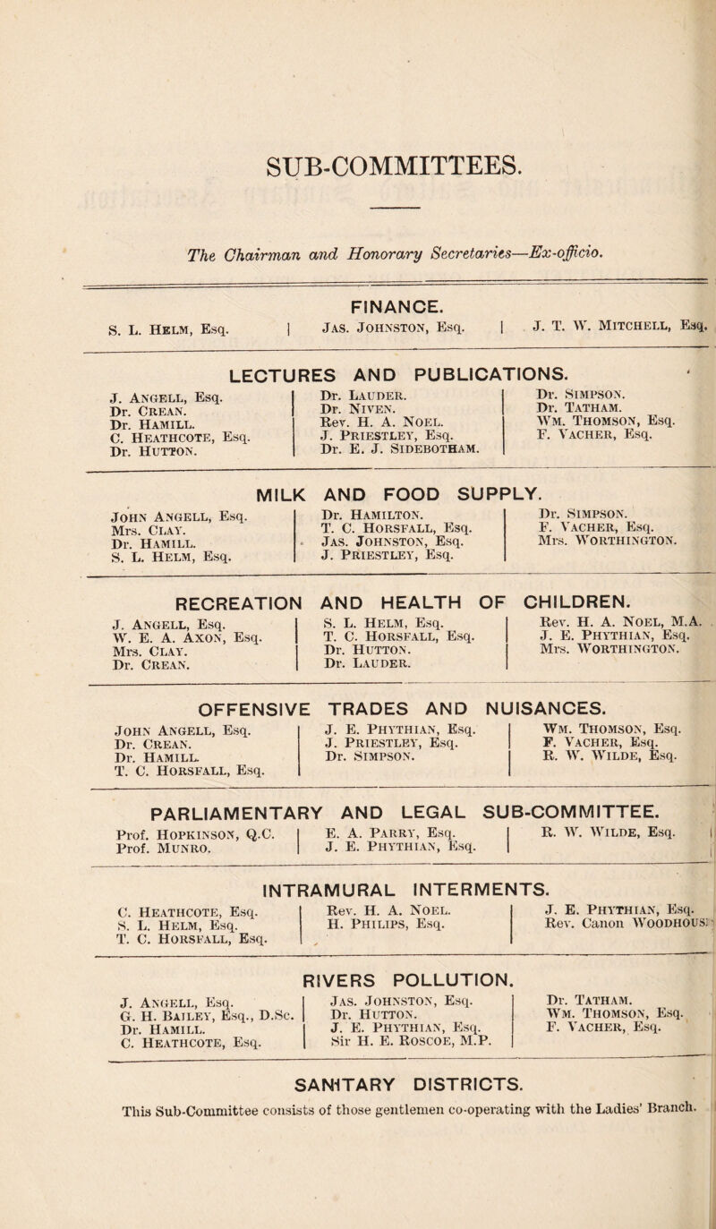 SUB-COMMITTEES The Chairman and Honorary Secretaries—Ex-officio. FINANCE. S. L. Helm, Esq. | Jas. Johnston, Esq. | J. T. W. Mitchell, Esq. LECTURES AND PUBLICATIONS. J. Angell, Esq. Dr. Crean. Dr. Hamill. C. Heathcote, Esq. Dr. Hutton. Dr. Lauder. Dr. Niven. Rev. H. A. Noel. J. Priestley, Esq. Dr. E. J. SlDEBOTHAM. Dr. Simpson. Dr. Tatham. Wm. Thomson, Esq. F. Vacher, Esq. MILK AND FOOD SUPPLY. John Angell, Esq. Mrs. Clay. Dr. Hamill. S. L. Helm, Esq. Dr. Hamilton. T. C. Horsfall, Esq. Jas. Johnston, Esq. J. Priestley, Esq. Dr. Simpson. F. Vacher, Esq. Mrs. Worthington. RECREATE J. Angell, Esq. W. E. A. Axon, Esq. Mrs. Clay. Dr. Crean. \ AND HEALTH OF S. L. Helm, Esq. T. C. Horsfall, Esq. Dr. Hutton. Dr. Lauder. CHILDREN. Rev. H. A. Noel, M.A. J. E. Phythian, Esq. Mrs. Worthington. OFFENSIV John Angell, Esq. Dr. Crean. Dr. Hamill. T. C. Horsfall, Esq. E TRADES AND Nl J. E. Phythian, Esq. J. Priestley, Esq. Dr. Simpson. JISANCES. Wm. Thomson, Esq. F. Vacher, Esq. R. W. Wilde, Esq. PARLIAMENTA Prof. HOPKINSON, Q.C. Prof. MUNRO. RY AND LEGAL SU E. A. Parry, Esq. J. E. Phythian, Esq. B-COMMITTEE. R. W. Wilde, Esq. i' INTRAMURAL INTERMENTS. C. Heathcote, Esq. S. L. Helm, Esq. T. C. Horsfall, Esq. Rev. H. A. Noel. H. Philips, Esq. J. E. Phythian, Esq. Rev. Canon Woodhousj RIVERS POLLUTION. J. Angell, Esq. G. H. Bailey, Esq., D.Sc. Dr. Hamill. C. Heathcote, Esq. Jas. Johnston, Esq. Dr. Hutton. J. E. Phythian, Esq. Sir H. E. Roscoe, M.P. Dr. Tatham. Wm. Thomson, Esq. F. Vacher, Esq. SANITARY DISTRICTS. This Sub-Committee consists of those gentlemen co-operating with the Ladies’ Branch.