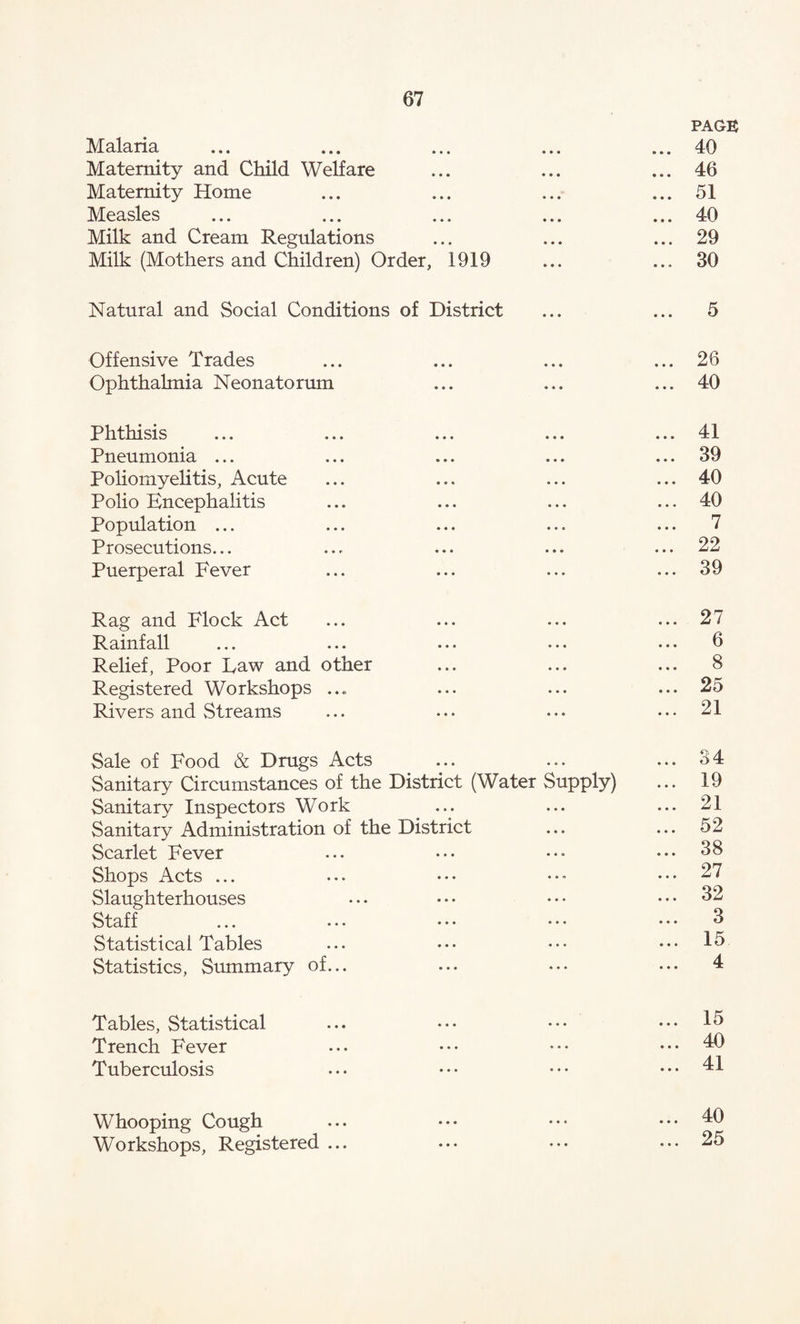 Malaria Maternity and Child Welfare Maternity Home Measles Milk and Cream Regulations Milk (Mothers and Children) Order, 1919 • • • PAGE 40 46 51 40 29 30 Natural and Social Conditions of District 5 Offensive Trades Ophthalmia Neonatorum 26 40 Phthisis Pneumonia ... Poliomyelitis, Acute Polio Encephalitis Population ... Prosecutions... Puerperal Fever 41 39 40 40 7 22 39 Rag and Flock Act Rainfall Relief, Poor Raw and other Registered Workshops ... Rivers and Streams • • • ... 27 6 ... 8 ... 25 ... 21 Sale of Food & Drugs Acts Sanitary Circumstances of the District (Water Supply) Sanitary Inspectors Work Sanitary Administration of the District Scarlet Fever Shops Acts ... Slaughterhouses Staff Statistical Tables Statistics, Smnmary of... 34 19 21 52 38 27 32 3 15 4 Tables, Statistical Trench Fever Tuberculosis 15 40 41 Whooping Cough Workshops, Registered ... 40 25