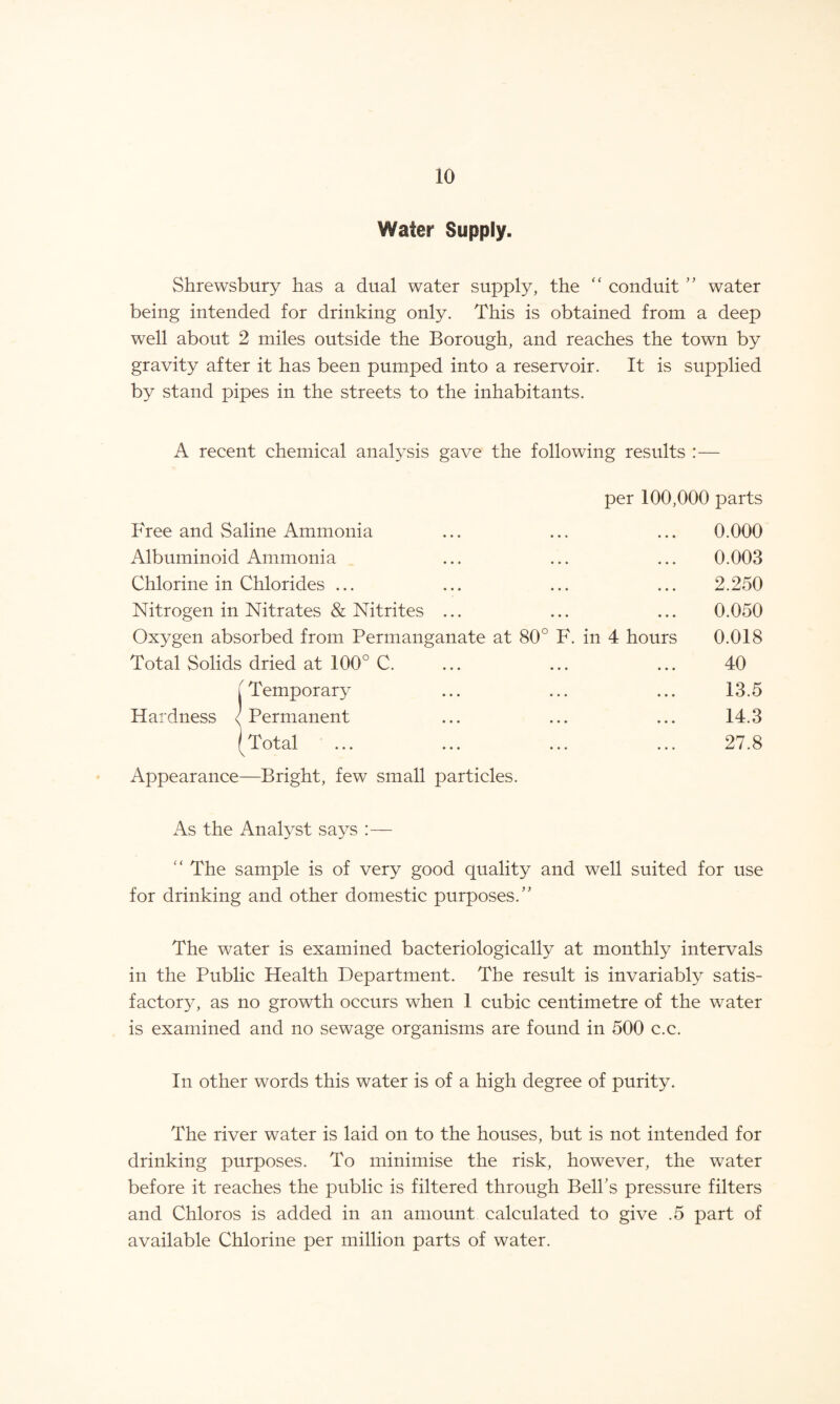 io Water Supply. Shrewsbury has a dual water supply, the “ conduit ” water being intended for drinking only. This is obtained from a deep well about 2 miles outside the Borough, and reaches the town by gravity after it has been pumped into a reservoir. It is supplied by stand pipes in the streets to the inhabitants. A recent chemical analysis gave the following results :— per 100,000 parts Free and Saline Ammonia • • • 0.000 Albuminoid Ammonia • • • 0.003 Chlorine in Chlorides ... • • • 2.250 Nitrogen in Nitrates & Nitrites ... • • • 0.050 Oxygen absorbed from Permanganate at 80° F. in 4 hours 0.018 Total Solids dried at 100° C. ... 40 ( Temporary • • • 13.5 Hardness < Permanent • • • 14.3 / Total ... ... ... . . . 27.8 Appearance—Bright, few small particles. As the Analyst says “ The sample is of very good quality and well suited for use for drinking and other domestic purposes.” The water is examined bacteriologically at monthly intervals in the Public Health Department. The result is invariably satis¬ factory, as no growth occurs when 1 cubic centimetre of the water is examined and no sewage organisms are found in 500 c.c. In other words this water is of a high degree of purity. The river water is laid on to the houses, but is not intended for drinking purposes. To minimise the risk, however, the water before it reaches the public is filtered through Bell’s pressure filters and Chloros is added in an amount calculated to give .5 part of available Chlorine per million parts of water.