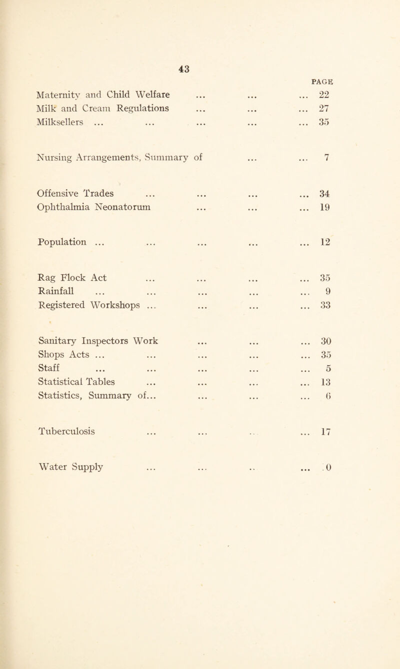 Maternity and Child Welfare Milk and Cream Regulations Milksellers 43 Nursing Arrangements, Summary of Offensive Trades Ophthalmia Neonatorum Population ... Rag Flock Act Rainfall Registered Workshops ... Sanitary Inspectors Work Shops Acts ... Staff Statistical Tables Statistics, Summary of... Tuberculosis Water Supply