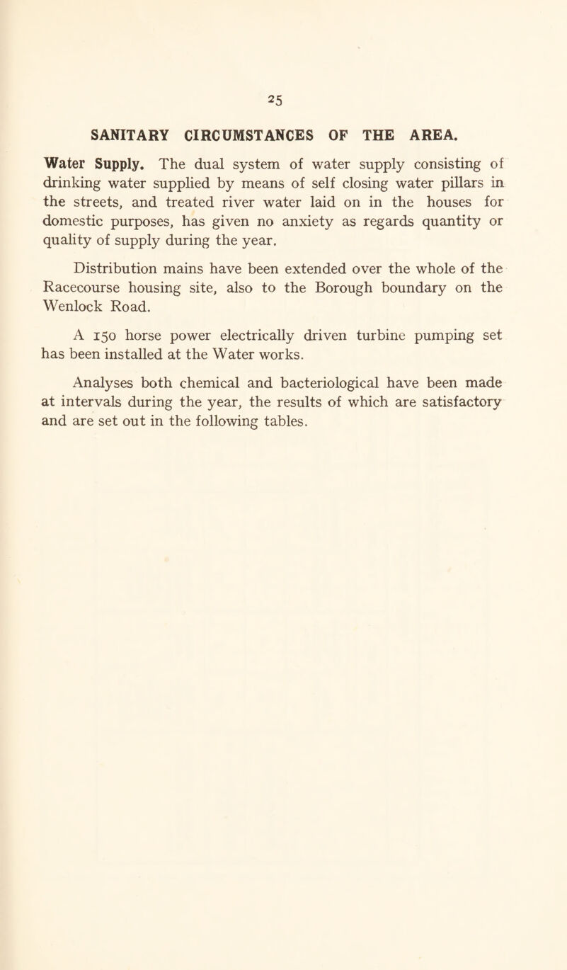 SANITARY CIRCUMSTANCES OF THE AREA. Water Supply. The dual system of water supply consisting of drinking water supplied by means of self closing water pillars in the streets, and treated river water laid on in the houses for domestic purposes, has given no anxiety as regards quantity or quality of supply during the year. Distribution mains have been extended over the whole of the Racecourse housing site, also to the Borough boundary on the Wenlock Road. A 150 horse power electrically driven turbine pumping set has been installed at the Water works. Analyses both chemical and bacteriological have been made at intervals during the year, the results of which are satisfactory and are set out in the following tables.