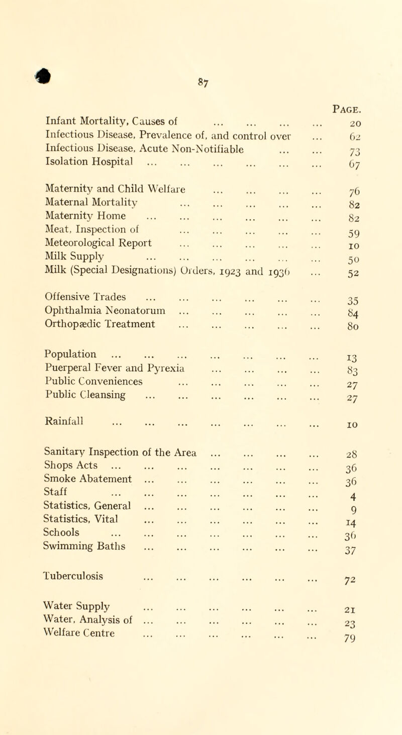 Infant Mortality, Causes of Infectious Disease, Prevalence of, and control over Infectious Disease, Acute Non-Notifiable Isolation Hospital Maternity and Child Welfare . Maternal Mortality . Maternity Home Meat, Inspection of Meteorological Report Milk Supply Milk (Special Designations) Orders, 1923 and 1930 Offensive Trades Ophthalmia Neonatorum Orthopaedic Treatment . Population Puerperal Fever and Pyrexia . Public Conveniences Public Cleansing Rainfall . Sanitary Inspection of the Area . Shops Acts Smoke Abatement ... Staff . Statistics, General Statistics, Vital Schools Swimming Baths . Tuberculosis Water Supply Water, Analysis of ... Welfare Centre Page. 20 62 73 67 76 82 82 59 10 50 52 35 84 80 13 «3 27 27 10 28 36 36 4 9 14 3 b 37 72 21 23 79