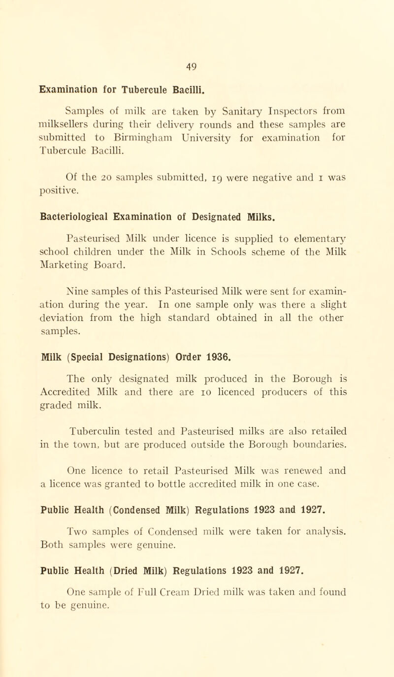 Examination for Tubercule Bacilli. Samples of milk arc taken by Sanitary Inspectors from milksellers during their delivery rounds and these samples are submitted to Birmingham University for examination for ruhercule Bacilli. Of the 20 samples submitted, 19 were negative and i was positive. Bacteriological Examination of Designated Milks. Pasteurised i\lilk under licence is supplied to elementary school children under the Milk in Schools scheme of the Milk Marketing Board. Nine samples of this Pasteurised Milk were sent for examin¬ ation during the year. In one sample only was there a slight deviation from the high standard obtained in all the other samples. Milk (Special Designations) Order 1936. The only designated milk produced in the Borough is Accredited Milk and there are 10 licenced producers of this graded milk. Tuberculin tested and Pasteurised milks are also retailed in the town, but are produced outside the Borough boundaries. One licence to retail Pasteurised Milk was renewed and a licence was granted to bottle accredited milk in one case. Public Health (Condensed Milk) Regulations 1923 and 1927. Two samples of Condensed milk were taken for analysis. Both samples were genuine. Public Health (Dried Milk) Regulations 1923 and 1927. One sample of Pull Cream Dried milk was taken and found to be genuine.