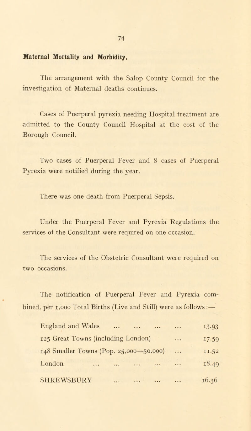 Maternal Mortality and Morbidity. The arrangement with the Salop County Council for the investigation of Maternal deaths continues. Cases of Puerperal pyrexia needing Hospital treatment are admitted to the County Council Hospital at the cost of the Borough Council. Two cases of Puerperal Fever and 8 cases of Puerperal Pyrexia were notified during the year. There was one death from Puerperal Sepsis. Under the Puerperal Fever and Pyrexia Regulations the services of the Consultant were required on one occasion. The services of the Obstetric Consultant were required on two occasions. riie notification of Puerperal Fever and Pyrexia com¬ bined, per 1,000 Total Births (Live and Still) were as follows;— Fngland and Wales ... ... ... ... i3-93 125 Great Towns (including London) ... 17-59 148 Smaller Towns (Pop. 25,000—50.000) ... ii-52 London ... ... ... ... ... 18.49 16.36 SHREWSBURY