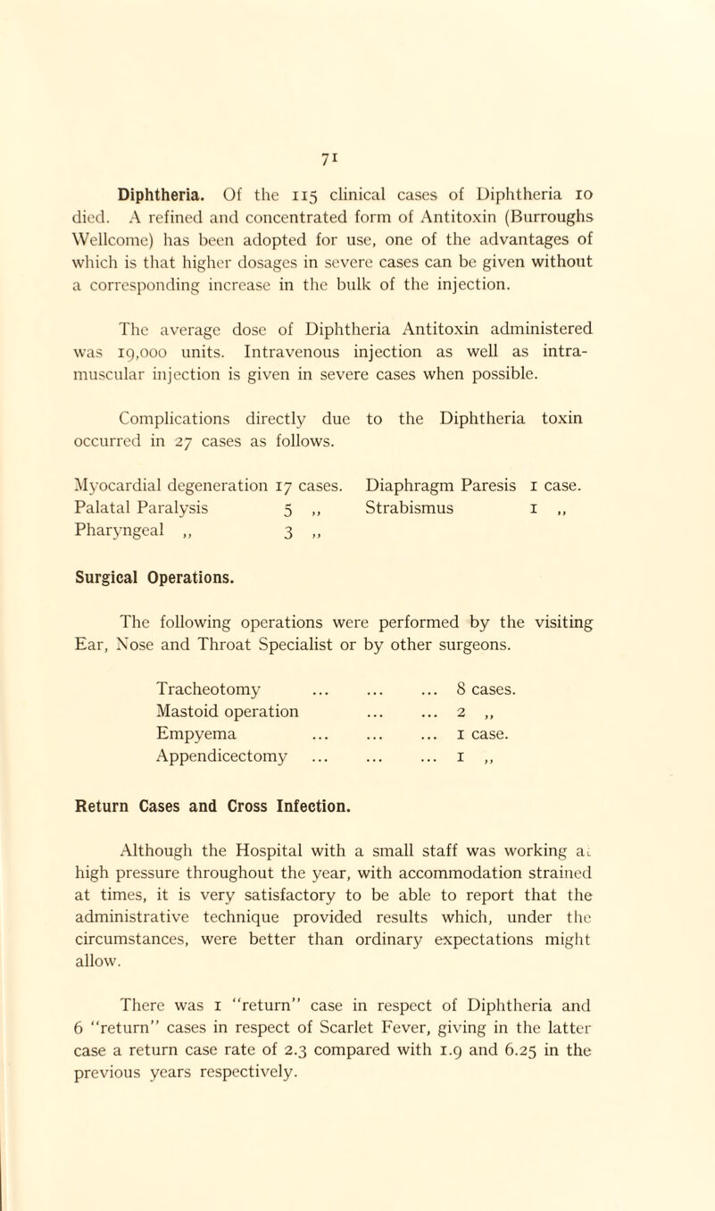 Diphtheria. Of the 115 clinical cases of Diphtheria 10 died. A refined and concentrated form of Antitoxin (Burroughs Wellcome) has been adopted for use, one of the advantages of which is that higher dosages in severe cases can be given without a corresponding increase in the bulk of the injection. The average dose of Diphtheria Antitoxin administered was 19,000 units. Intravenous injection as well as intra¬ muscular injection is given in severe cases when possible. Complications directly due to the Diphtheria toxin occurred in 27 cases as follows. Myocardial degeneration 17 cases. Diaphragm Paresis r case. Palatal Paralysis 5 ,, Strabismus 1 ,, Pharyngeal „ 3 „ Surgical Operations. The following operations were performed by the visiting Ear, Nose and Throat Specialist or by other surgeons. Tracheotomy Mastoid operation Empyema Appendicectomy Return Cases and Cross Infection. 8 cases. 2 „ 1 case. Although the Hospital with a small staff was working ac high pressure throughout the year, with accommodation strained at times, it is very satisfactory to be able to report that the administrative technique provided results which, under the circumstances, were better than ordinary expectations might allow. There was 1 “return” case in respect of Diphtheria and 6 “return” cases in respect of Scarlet Fever, giving in the latter case a return case rate of 2.3 compared with 1.9 and 6.25 in the previous years respectively.