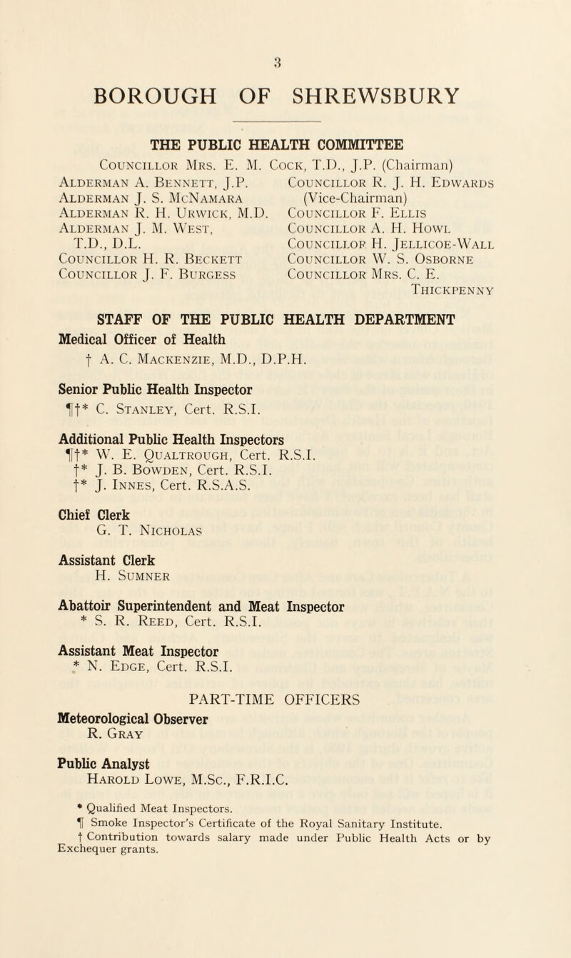 THE PUBLIC HEALTH COMMITTEE Councillor Mrs. E. M. Cock, T.I)., J.P. (Chairman) Alderman A. Bennett, J.P. Alderman J. S. McNamara Alderman R. H. Urvvick, M.D. Alderman J. M. West, T.D., D.L. Councillor H. R. Beckett Councillor J. F. Burgess Councillor R. j. H. Edwards (Vice-Chairman) Councillor F. Ellis Councillor A. H. Howl Councillor H. Jellicoe-W'all Councillor W. S. Osborne Councillor Mrs. C. E. Thickpenny STAFF OF THE PUBLIC HEALTH DEPARTMENT Medical Officer of Health | A. C. Mackenzie, M.D., D.P.H. Senior Public Health Inspector Iff* C. Stanley, Cert. R.S.I. Additional Public Health Inspectors Iff* W. E. Qualtrough, Cert. R.S.I. f* J. B. Bowden, Cert. R.S.I. j* J. Innes, Cert. R.S.A.S. Chief Clerk G. T. Nicholas Assistant Clerk H. Sumner Abattoir Superintendent and Meat Inspector * S. R. Reed, Cert. R.S.I. Assistant Meat Inspector * N. Edge, Cert. R.S.I. PART-TIME OFFICERS Meteorological Observer R. Gray Public Analyst Harold Lowe, M.Sc., F.R.I.C. * Qualified Meat Inspectors. H Smoke Inspector's Certificate of the Royal Sanitary Institute, f Contribution towards salary made under Public Health Acts or by Exchequer grants.