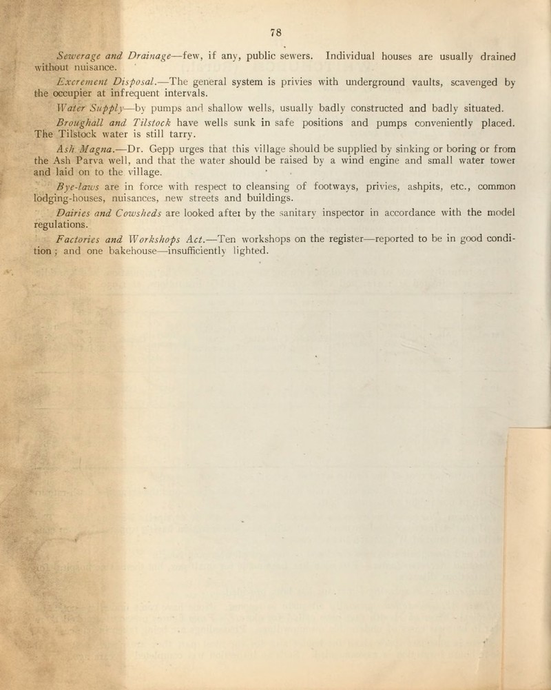 Sewerage and Drainage—few, if any, public sewers. Individual houses are usually drained without nuisance. Excrement Disposal.—The general system is privies with underground vaults, scavenged by the occupier at infrequent intervals. Water Supply—by pumps and shallow wells, usually badly constructed and badly situated. Brougliall and Tilstock have wells sunk in safe positions and pumps conveniently placed. The Tilstock water is still tarry. Ash Magna.—Dr. Gepp urges that this village should be supplied by sinking or boring or from the Ash Parva well, and that the water should be raised by a wind engine and small water tower and laid on to the village. Bye-laws are in force with respect to cleansing of footways, privies, ashpits, etc., common lodging-houses, nuisances, new streets and buildings. Dairies and Cowsheds are looked after by the sanitary inspector in accordance with the model regulations. Factories and Workshops Act.—Ten workshops on the register—reported to be in good condi¬ tion; and one bakehouse—insufficient!) lighted.