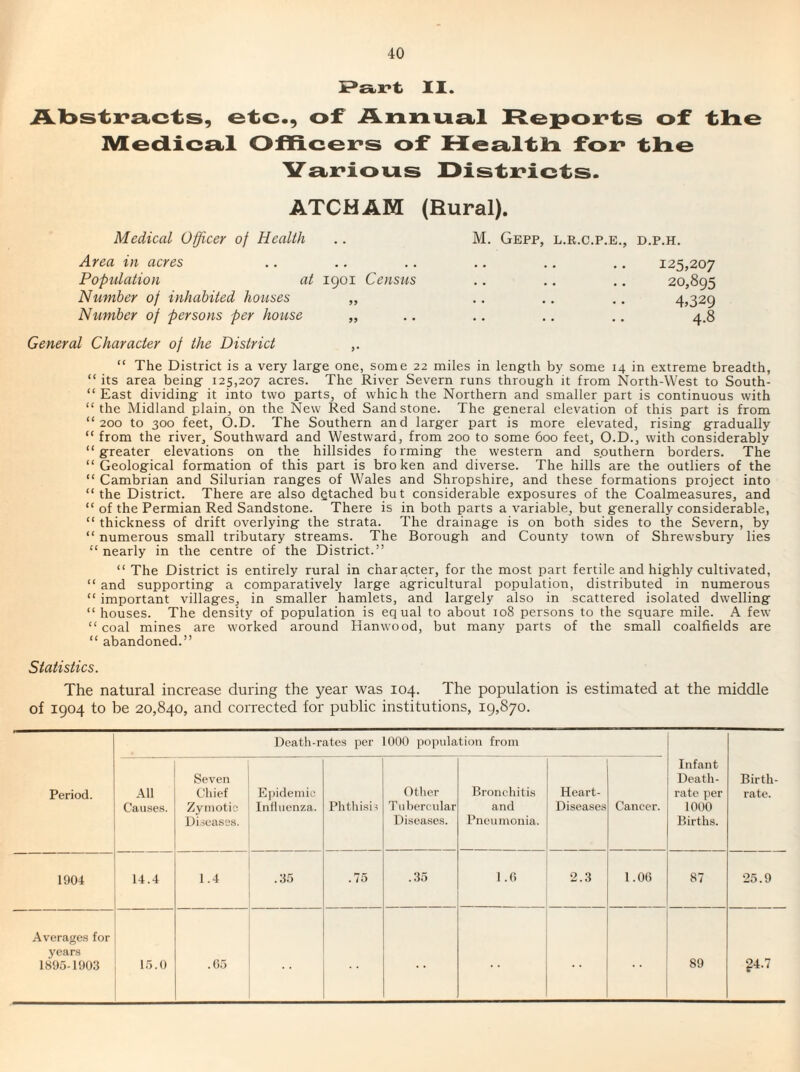 II. ilLl3str*£iiCts, etc., of Anixua.! Rcpoi^ts of the IMEedicsiil OffiGeK*s of Hesiltlx foi* the V'a.r'ious l>ist]c*icts. ATCHAM (Rural). Medical Officer of Health .. M. Gepp, l.r.c.p.e., Area in acres Population at igoi Census Ntimher of inhabited houses „ Number of persons per house „ D.P.H. 125,207 20,895 4.329 4.8 General Character of the District “ The District is a very large one, some 22 miles in length by some 14 in extreme breadth, “ its area being 125,207 acres. The River Severn runs through it from North-West to South- “ East dividing it into two parts, of which the Northern and smaller part is continuous with “the Midland plain, on the New Red Sandstone. The general elevation of this part is from “200 to 300 feet, O.D. The Southern and larger part is more elevated, rising gradually “ from the river. Southward and Westward, from 200 to some 600 feet, O.D., with considerably “greater elevations on the hillsides forming the western and s.outhern borders. The “Geological formation of this part is broken and diverse. The hills are the outliers of the “ Cambrian and Silurian ranges of Wales and Shropshire, and these formations project into “the District. There are also detached but considerable exposures of the Coalmeasures, and “ of the Permian Red Sandstone. There is in both parts a variable, but generally considerable, “ thickness of drift overlying the strata. The drainage is on both sides to the Severn, by “ numerous small tributary streams. The Borough and County town of Shrewsbury lies “ nearly in the centre of the District.” “The District is entirely rural in character, for the most part fertile and highly cultivated, “ and supporting a comparatively large agricultural population, distributed in numerous “ important villages, in smaller hamlets, and largely also in scattered isolated dwelling “ houses. The density of population is equal to about 108 persons to the square mile. A few “ coal mines are worked around Hanwood, but many parts of the small coalfields are “ abandoned.” Statistics. The natural increase during the j^ear was 104. The population is estimated at the middle of 1904 to be 20,840, and corrected for public institutions, 19,870. Period. Death-rates per 1000 iiopiilatioii from Infant Death- rate per 1000 Births. Birth¬ rate. All Causes. Seven Chief Zymotic; Diseases. E])idemic Influenza. Phthisis Otiicr Tubercular Diseases. Bronchitis and Pneumonia. Heart- Diseases Cancer. 1904 14.4 1.4 .35 .75 .35 1.0 2.3 1.00 87 25.9 Averages for years 1895-1903 15.0 .05 89 g4.7
