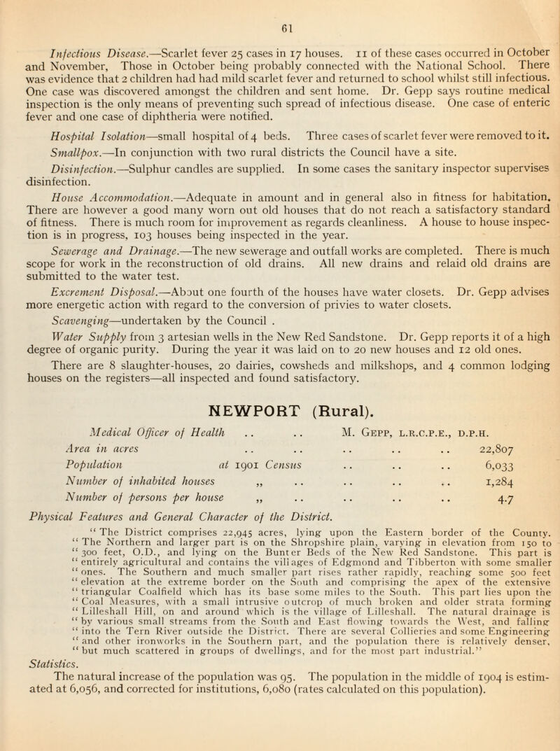 Infectious Disease.—Scarlet fever 25 cases in 17 houses, ii of these cases occurred in October and November, Those in October being jn'obably connected with the National School. There was evidence that 2 children had had mild scarlet fever and returned to school whilst still infectious. One case was discovered amongst the children and sent home. Dr. Gepp says routine medical inspection is the only means of preventing such spread of infectious disease. One case of enteric fever and one case of diphtheria were notified. Hospital Isolation—small hospital of 4 beds. Three cases of scarlet fever were removed to it. Smallpox.—In conjunction with two rural districts the Council have a site. Dfsfn/ec^fon.—Sulphur candles are supplied. In some cases the sanitary inspector .supervises disinfection. House Accommodation.—Adequate in amount and in general also in fitness for habitation. There are however a good many worn out old houses that do not reach a satisfactory standard of fitness. There is much room for improvement as regards cleanliness. A house to house inspec¬ tion is in progress, 103 houses being inspected in the year. Sewerage and Drainage.—The new sewerage and outfall works are completed. There is much scope for work in the reconstruction of old drains. All new drains and relaid old drains are submitted to the water test. Excrement Disposal.—^About one fourth of the houses have water closets. Dr. Gepp advises more energetic action with regard to the conversion of privies to water closets. Scavenging—undertaken by the Council . Water Supply from 3 artesian wells in the New Red Sandstone. Dr. Gepp reports it of a high degree of organic purity. During the year it was laid on to 20 new houses and 12 old ones. There are 8 slaughter-houses, 20 dairies, cowsheds and milkshops, and 4 common lodging houses on the registers—all inspected and found satisfactory. NEWPORT (Rural). Medical Officer of Health .. .. M. Gepp, l.r.c.p.e., d.p.h. Area in acres .. .. .. .. .. 22,807 Population at 1901 Census ,. .. .. 6,033 Number of inhabited houses ,, .. .. .. .. 1,284 Number of persons per house ,, .. .. .. ,. 4.7 Physical Features and General Character of the District. “ The District comprises 22,945 acres, lying: upon the Eastern border of the County. “ The Northern and larg'er part is on the Shropshire plain, varying in elevation from 150 to “300 feet, O.D., and lying- on the Bunter Beds of the New Red Sandstone. This part is “entirely agricultural and contains the villages of Edgmond and Tibberton with some smaller “ ones. The Southern and much smaller part rises rather rapidly, reaching some 500 feet “ elevation at the extreme border on the South and comprising the apex of the extensive “ triangular Coalfield which has its base some miles to the South. This part lies upon the “ Coal Measures, with a small intrusive outcrop of much broken and older strata forming “ Lilleshall Hill, on and around which is the village of Lilleshall. The natural drainage is “ by various small streams from the .South and East flowing towards the \\’est, and falling “ into the Tern River outside the District. There are several Collieries and some Engineering “ and other ironworks in the Southern part, and the population there is relatively denser, “but much scattered in groups of dwellings, and for the most part industrial.” Statistics. The natural increase of the population was 95. The population in the middle of 1904 is estim¬ ated at 6,056, and corrected for institutions, 6,080 (rates calculated on this population).