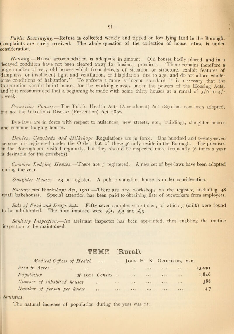 Public Scavenging.—Refuse is collected weekly and tipped on low lying land in the Borough. Complaints are rarely received. The whole question of the collection of house refuse is under consideration. Housing.—House accommodation is adequate in amount. Old houses badly placed, and in a decayed condition have not been cleared away for business premises. “There remains therefore a large number of very old houses which from defects of situation or structure, exhibit features of dampness, or insufficient light and ventilation, or dilapidation due to age, and do not afford whole¬ some conditions of habitation.’’ To enforce a more stringent standard it is necessary that the Corporation should build houses for the working classes under the powers of the Housing Acts, and it is recommended that a beginning be made with some thirty houses at a rental of 3/6 to 4/- a week. Permissive Powers.—The Public Health Acts (Amendment) Act 1890 has now been adopted, but not the Infectious Disease (Prevention) Act 1890. Bye-laws are in force with resi)ect to nuisances, new' streets, etc., buildings, slaughter houses and common lodging houses. Dairies. Cowsheds (tnd \Milkshofs Regulations are in force. One hundred and twenty-seven persons arc registered under the Order, but of ihese 36 only reside in the Borough. The premises in <^he Borough are visited regularly, but they should be inspected more frequently (6 times a year is desirable for the cow'sheds). Common Lodging Houses.—There are 5 registered. A new set of bye-laws have been adopted during the year. Slaughter Houses 23 on register. A public slaughter house is under consideration. Factory and Workshops Act, 1901.—There are 229 workshops on the register, including 48 retail bakehouses. Special attention has been paid to obtaining lists of outworkers from employers. Sale of Food and Drugs Acts- Fifty-seven samples were taken, of which 3 (milk) were found t(< be adulterated. The fines imposed were ;^5, and Sanitary Inspection.—An assistant inspector has been ap[)ointed, thus enabling the routine insjjection to be maintained. TEME (Rural). Medical Officer of Health . John H. K. Criffiths, m.b. Area in Acres ... 23,091 1,846 388 P opnlation at 1901 Census ... Sumher of inhabited houses Number uf person per house 47 Statistics. The natural increase of population during the year w'as 12.