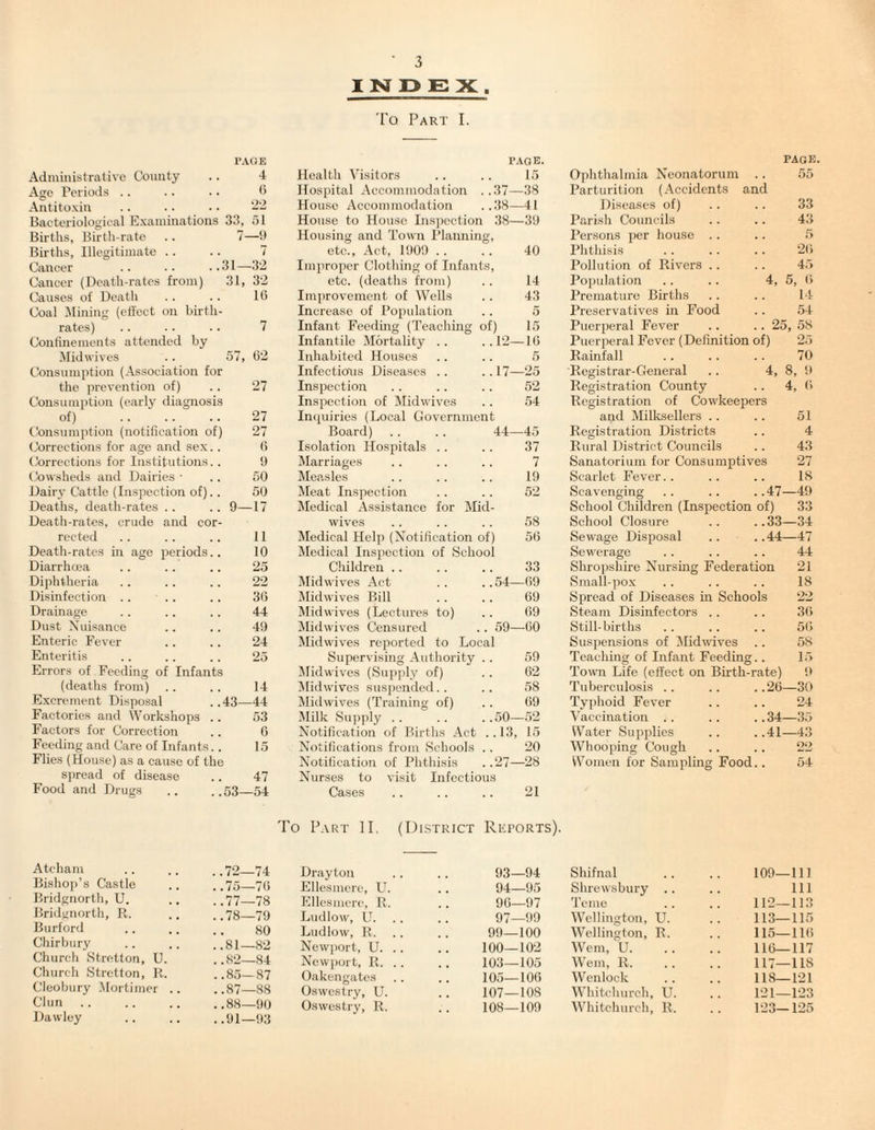 INOEX To Part I. PAGE Administrative Comity .. 4 Age Perioils .. .. .. <> Antitoxin .. ■ ■ • • -2 Bacteriological Examinations 33, 51 Births, Birth-rate .. 7—!> Births, Illegitimate .. .. 7 Cancer .. ■ • ■ • 31 —32 Cancer (Death-rates from) 31, 32 Causes of Death Coal IMining (effect on birth¬ rates) Conffnements attended by Midwives .. 57, Consumption (Association for the prevention of) Consumption (early diagnosis of) tlonsumption (notification of) Corrections for age and sex. Corrections for Institutions. Cowsheds and Dairies • Dairj- Cattle (Inspection of). Deaths, death-rates .. Death-rates, crude and cor reeted Death-rates in age periods. Diarrhoea Diphtheria Disinfection .. .. Drainage Dust Nuisance Enteric Fever Enteritis Errors of Feeding of Infants (deaths from) E.xcrement Disposal Factories and Workshops . Factors for Correction Feeding and Care of Infants. Flies (House) as a cause of the spread of disease Food and Drugs 9- IG G2 27 27 27 G 9 50 50 17 11 10 25 22 3G 44 49 24 25 14 43—44 53 G 15 47 53—54 ■age. 15 -38 -41 -39 40 14 43 5 15 -IG . .17—25 52 54 Health Visitors Hospital Accommodation ..37- Housc Accommodation . .38- House to House Inspection 38- Housing and Town Planning, etc.. Act, 1909 .. Improper Clothing of Infants, etc. (deaths from) Imjirovement of Wells Increase of Population Infant Feeding (Teaching of) Infantile Mortality .. .. 12- Inhabited Houses Infections Diseases .. Inspection Inspection of Midwives Incjuiries (Local Government Board) .. .. 44—45 Isolation Hospitals .. .. 37 Marriages . . . . . . 7 Measles . . . . .. 19 Meat Inspection .. .. 52 Medical Assistance for Mid¬ wives .. .. .. 58 Medical Help (Xotification of) 5G Medical Inspection of School Children. 33 Mid wives Act .. . .54—G9 Midwives Bill .. .. G9 Midwives (Lectures to) . . G9 Midwives Censured .. 59—GO Midwives reported to Local Supervising Authority .. 59 Jlidwives (Supply of) .. G2 ^lidwives suspended.. .. 58 Midwives (Training of) . . G9 Milk Su])ply .. .. ..50—52 Notification of Births Act ..13, 15 Notifications from Schools . . 20 Notification of Phthisis . .27—28 Nurses to Cases visit Infectious PAGE. Ophthalmia Neonatorum .. 55 Parturition (.Accidents and Diseases of) .. .. 33 Parisli Councils .. .. 43 Persons per house .. .. 5 Phthisis .. .. .. 20 Pollution of Rivers .. .. 45 Population .. .. 4, 5, 0 Premature Births . . .. 14 Preservatives in Food .. 54 Puerperal Fever .. .. 25, 58 Puerperal Fever (Definition of) 25 Rainfall .. .. .. 70 Registrar-General .. 4, 8, 9 Registration County .. 4, 0 Registration of Cowkeepers and Milksellers .. .. 51 Registration Districts .. 4 Rural District Councils .. 43 Sanatorium for Consumptives 27 Scarlet Fever.. .. .. 18 Scavenging .. .. ..47—49 School Children (Inspection of) 33 School Closure .. .. 33—34 Sewage Disposal .. ..44—47 Sewerage . . .. .. 44 Shropshire Nursing Federation 21 Small-pox . . .. .. 18 Spread of Diseases in Sehools 22 Steam Disinfectors .. .. 30 Still-births .. . . .. 5G Suspensions of Alidwives .. 58 Teaching of Infant Feeding.. 15 Tomi Life (effect on Birth-rate) 9 Tuberculosis .. .. ..2G—30 Typhoid Fever .. .. 24 Vaccination .. .. .. 34—35 Water Supplies .. ..41—43 Whooping Cough .. .. 22 Women for Sampling Food.. 54 o 1 To Part II, (Dtstrict Reports). Atcham ..72—74 Bishop’s Castle ..75—7G Bridgnorth, U. ..77—78 Bridgnorth, R. ..78—79 Burford 80 Cliirbury ..81—82 Church Stretton, u.” . .82—84 Church Stretton, R. ..85—87 Cleobury .Mortimer .. ..87—88 Clun , , ..88—90 Daw ley . . ..91—93 Drayton Ellesmere, LI Ellesmere, R Ludlow, U. Ludlow, R. Newjiort, U. Newport, R. Oakengates Oswestry, U. Oswestry, R. 93—94 Shifnal 94—95 Shrewsbury .. 9G—97 Teme 97—99 Wellington, U. 99—100 Wellington, R. 100—102 Wem, U. 103—105 Wem, R. 105—lOG Wenlock 107—108 Whitcliurch, U 108—109 Whitchurch, R 109—111 111 112— 113 113— 115 115—11(5 IIG—117 117—118 118—121 121—123 123-125